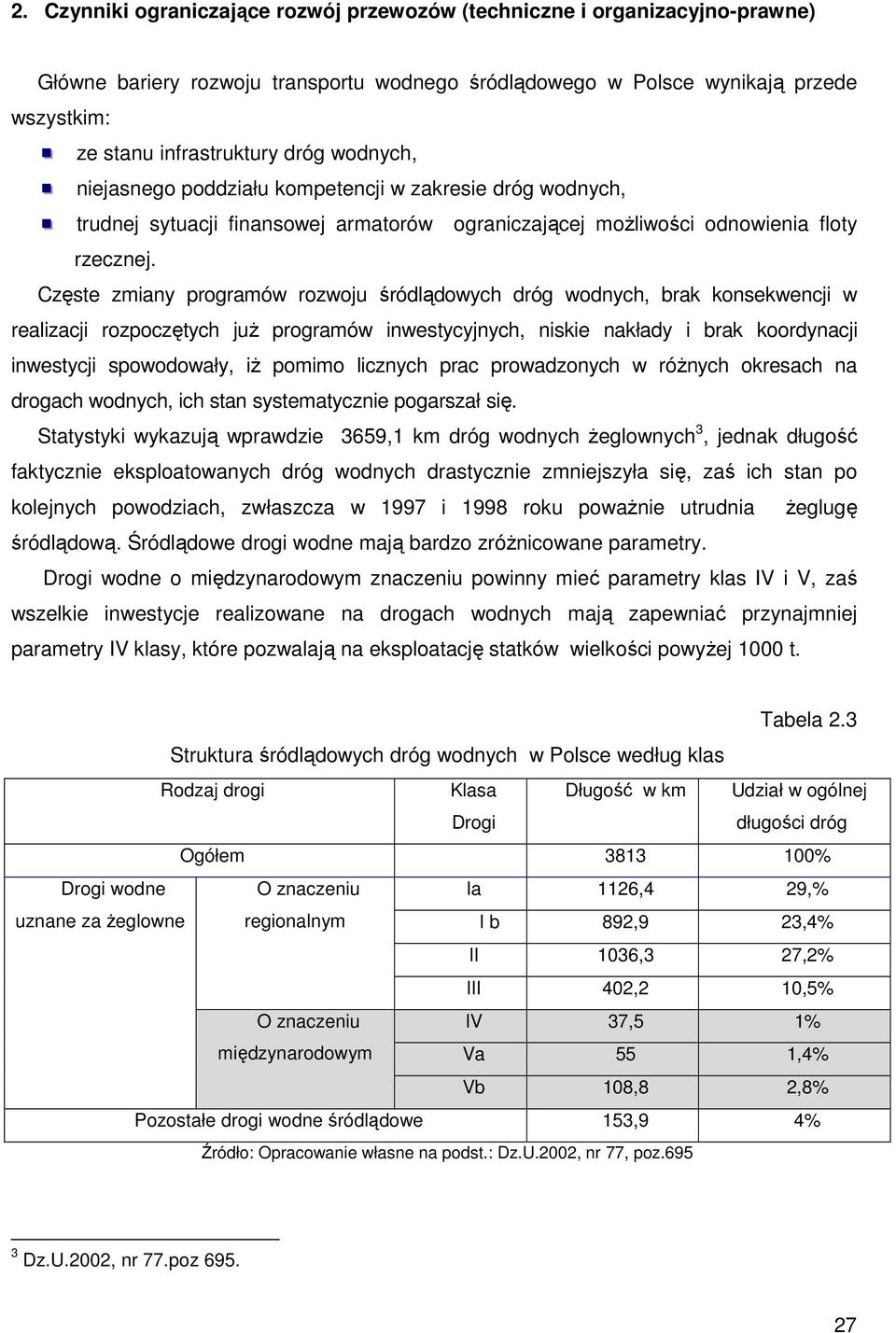 Częste zmiany programów rozwoju śródlądowych dróg wodnych, brak konsekwencji w realizacji rozpoczętych już programów inwestycyjnych, niskie nakłady i brak koordynacji inwestycji spowodowały, iż