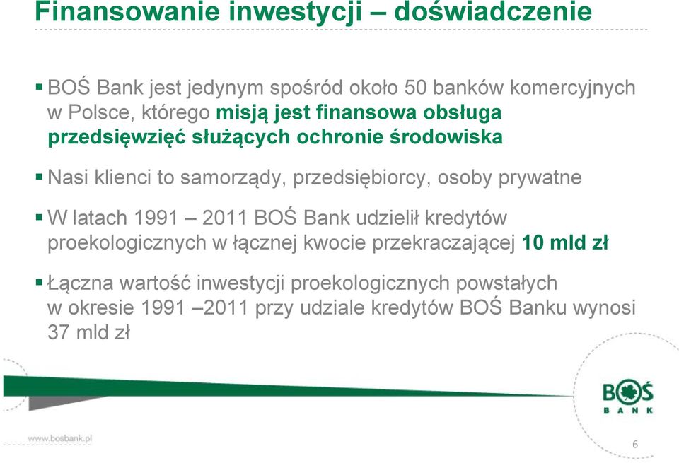 osoby prywatne W latach 1991 2011 BOŚ Bank udzielił kredytów proekologicznych w łącznej kwocie przekraczającej 10 mld