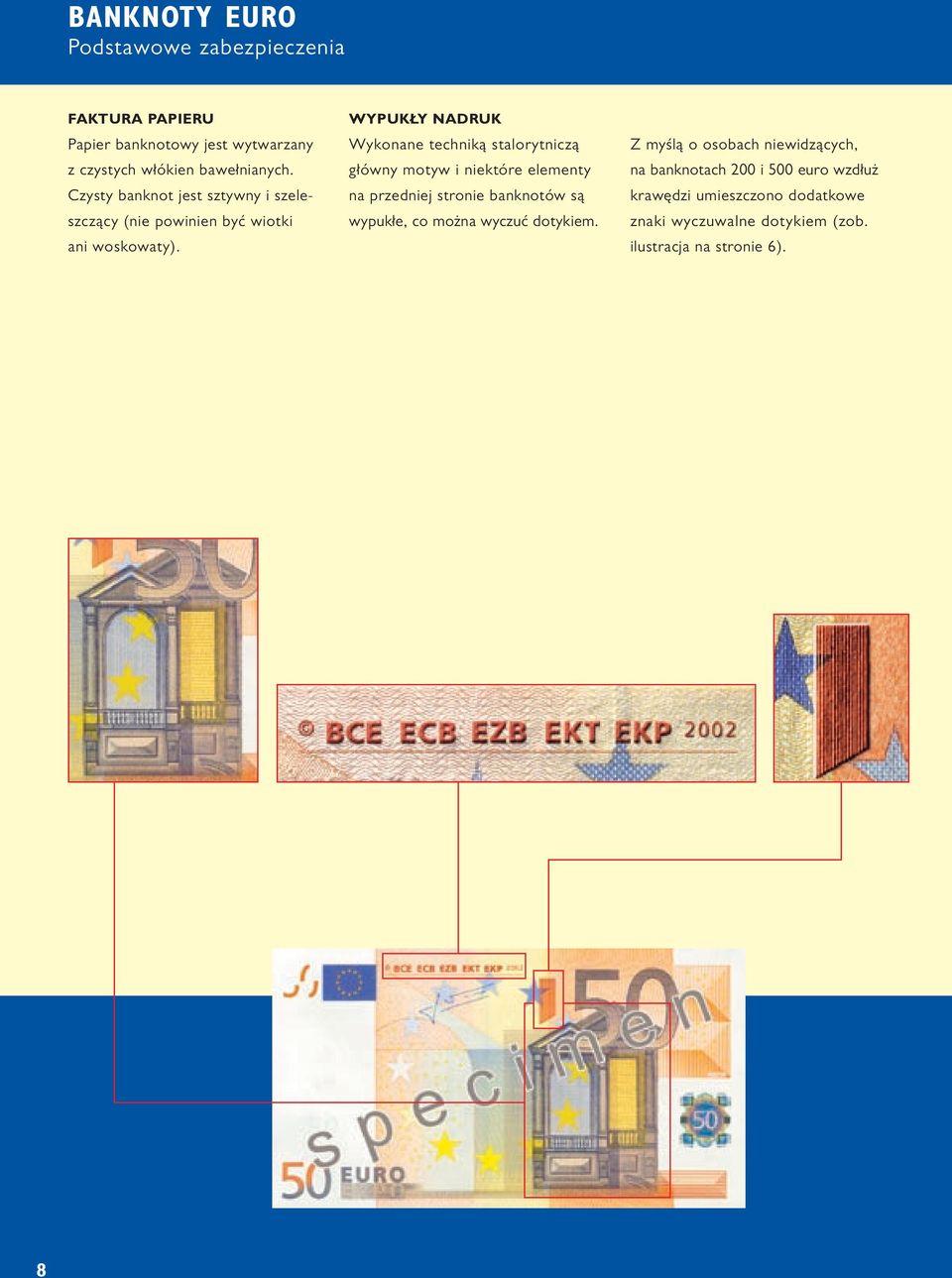 WYPUKŁY NADRUK Wykonane techniką stalorytniczą główny motyw i niektóre elementy na przedniej stronie banknotów są wypukłe, co