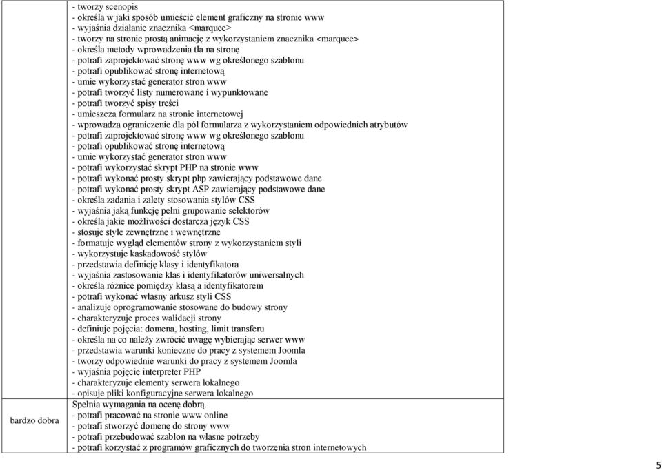 www - potrafi tworzyć listy numerowane i wypunktowane - potrafi tworzyć spisy treści - umieszcza formularz na stronie internetowej - wprowadza ograniczenie dla pól formularza z wykorzystaniem