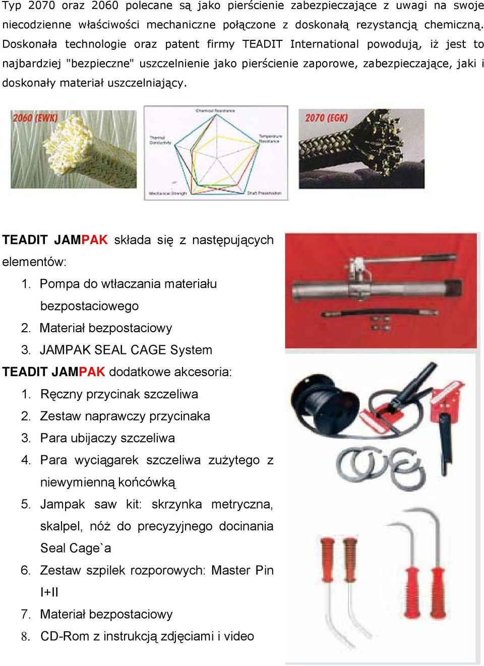 uszczelniający. TEADIT JAMPAK składa się z następujących elementów: 1. Pompa do wtłaczania materiału bezpostaciowego 2. Materiał bezpostaciowy 3.