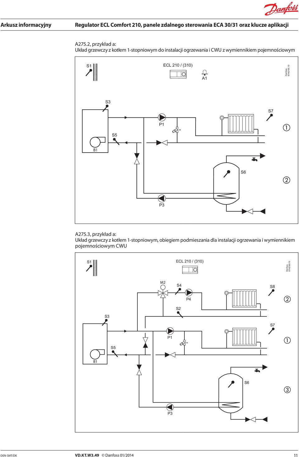 3, przykład a: Układ grzewczy z kotłem 1-stopniowym, obiegiem podmieszania dla instalacji ogrzewania
