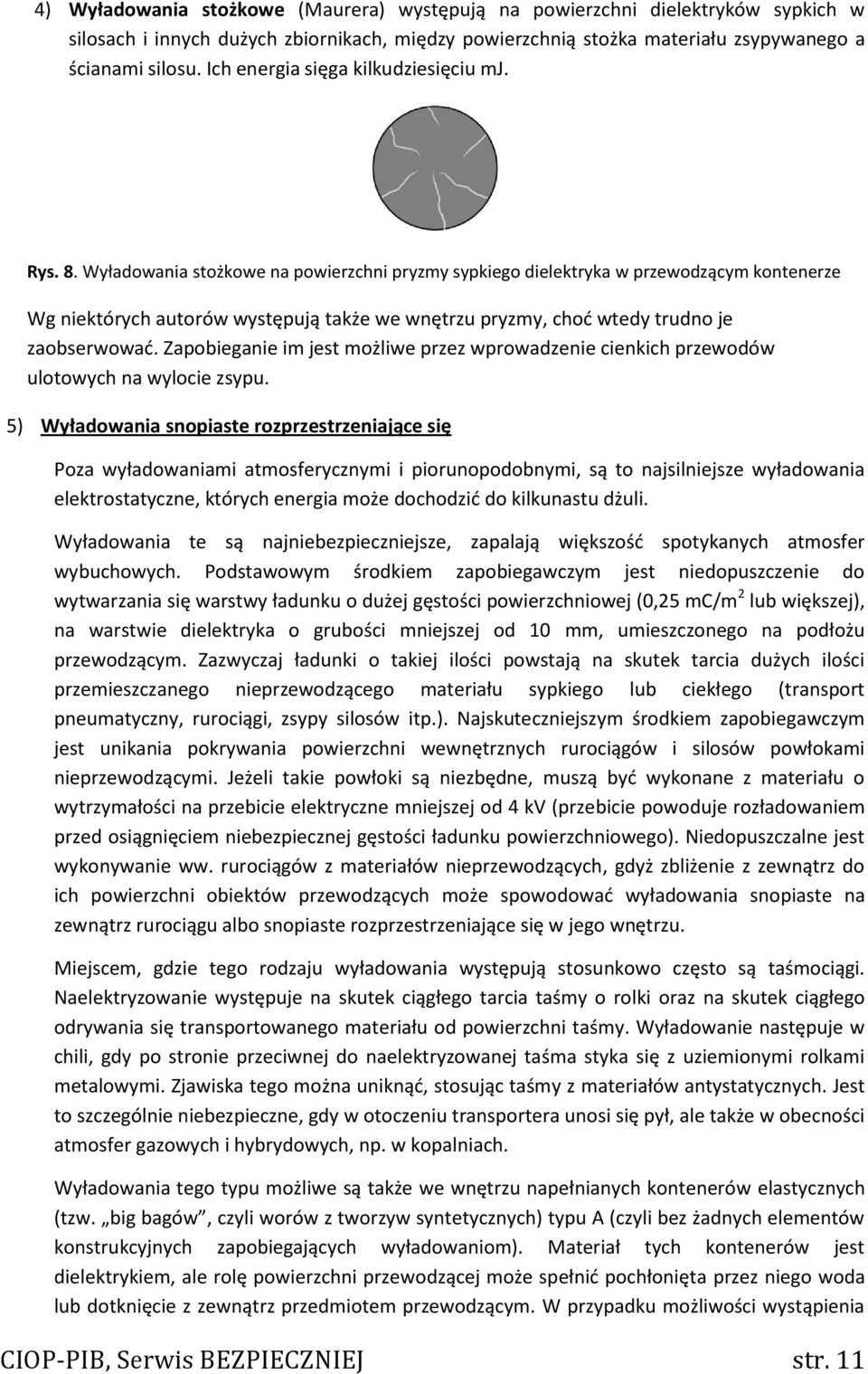 Wyładowania stożkowe na powierzchni pryzmy sypkiego dielektryka w przewodzącym kontenerze Wg niektórych autorów występują także we wnętrzu pryzmy, choć wtedy trudno je zaobserwować.