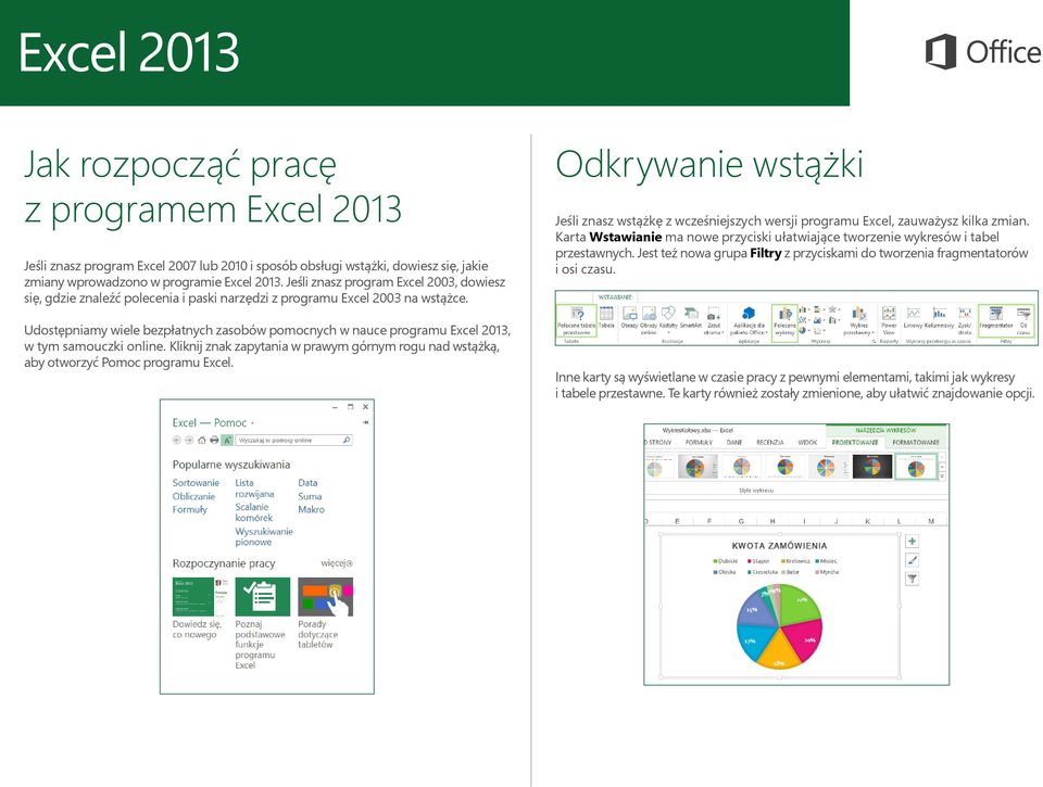 Udostępniamy wiele bezpłatnych zasobów pomocnych w nauce programu Excel 2013, w tym samouczki online. Kliknij znak zapytania w prawym górnym rogu nad wstążką, aby otworzyć Pomoc programu Excel.