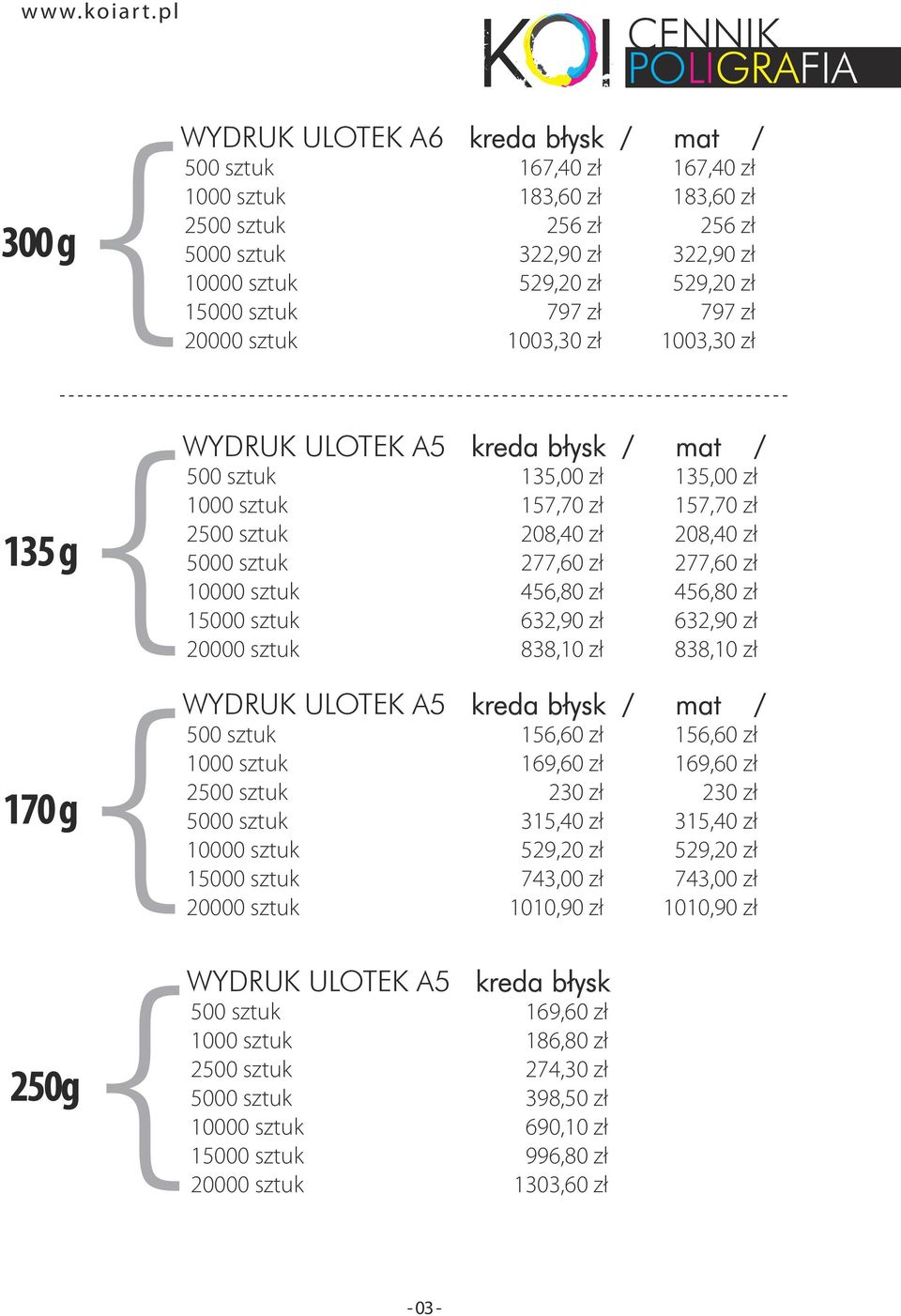 277,60 zł 456,80 zł 632,90 zł 838,10 zł WYDRUK ULOTEK A5 kreda błysk / mat / 2 1 156,60 zł 169,60 zł 230 zł 315,40 zł 529,20 zł 743,00 zł 1010,90 zł WYDRUK