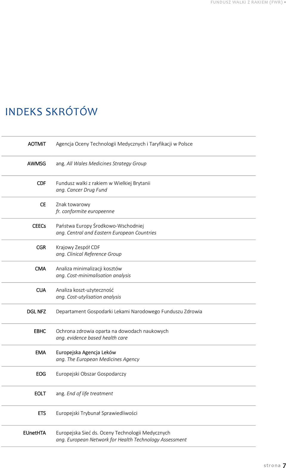 conformite europeenne Państwa Europy Środkowo-Wschodniej ang. Central and Eastern European Countries Krajowy Zespół CDF ang. Clinical Reference Group Analiza minimalizacji kosztów ang.