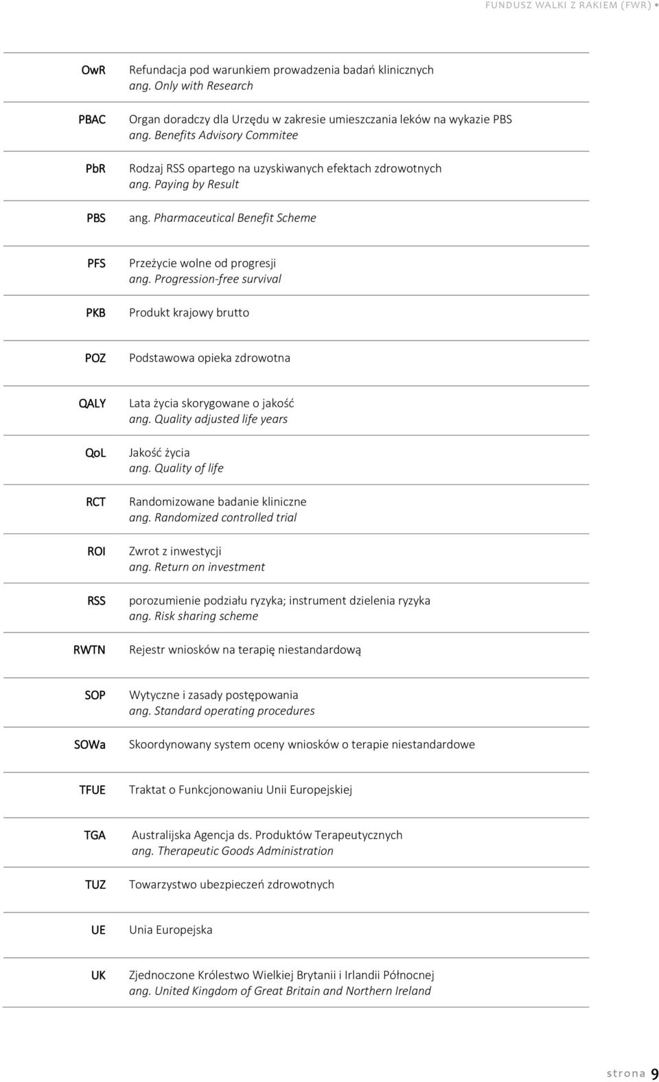 Progression-free survival Produkt krajowy brutto POZ Podstawowa opieka zdrowotna QALY QoL RCT ROI RSS RWTN Lata życia skorygowane o jakość ang. Quality adjusted life years Jakość życia ang.