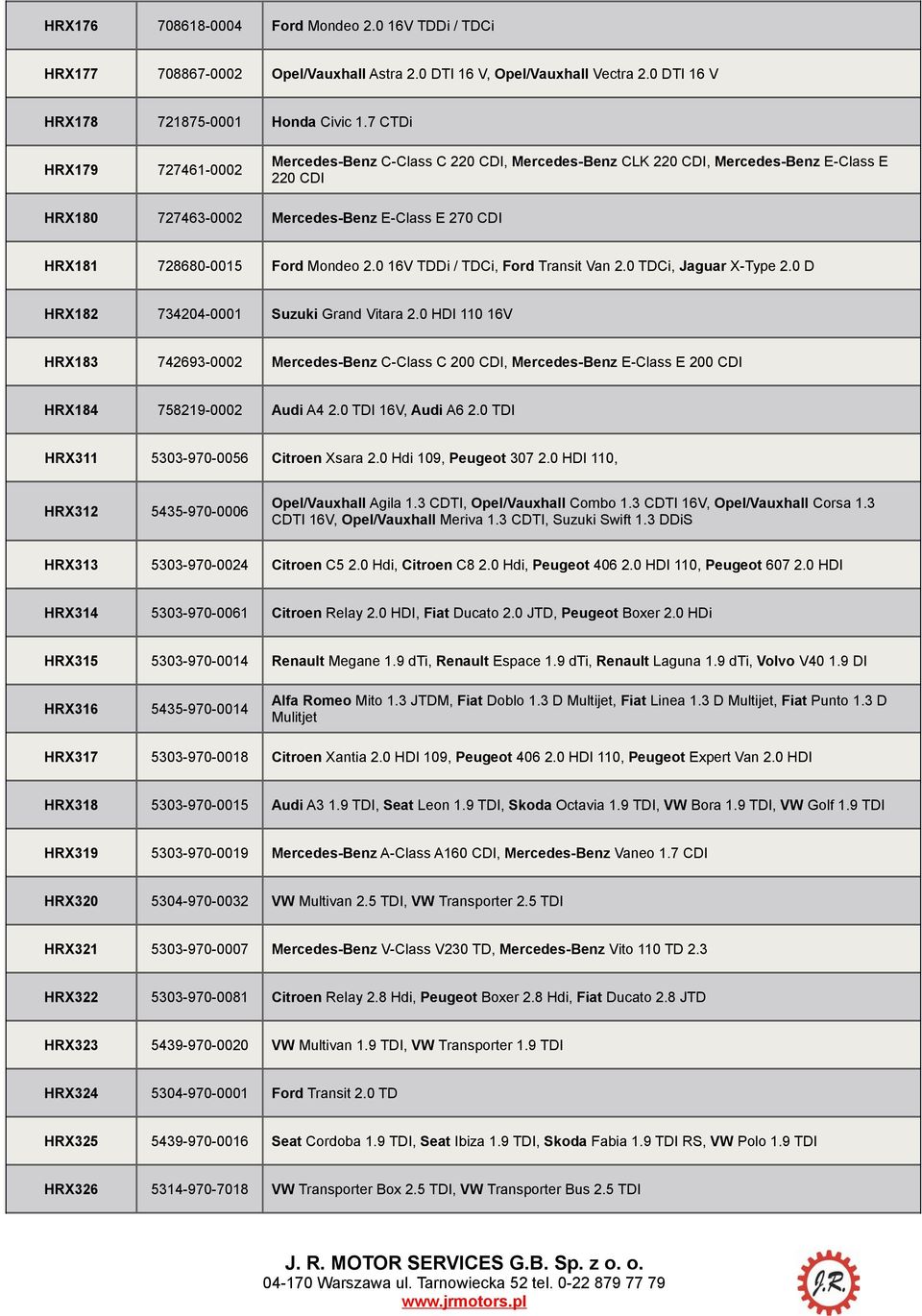 2.0 16V TDDi / TDCi, Ford Transit Van 2.0 TDCi, Jaguar X-Type 2.0 D HRX182 734204-0001 Suzuki Grand Vitara 2.