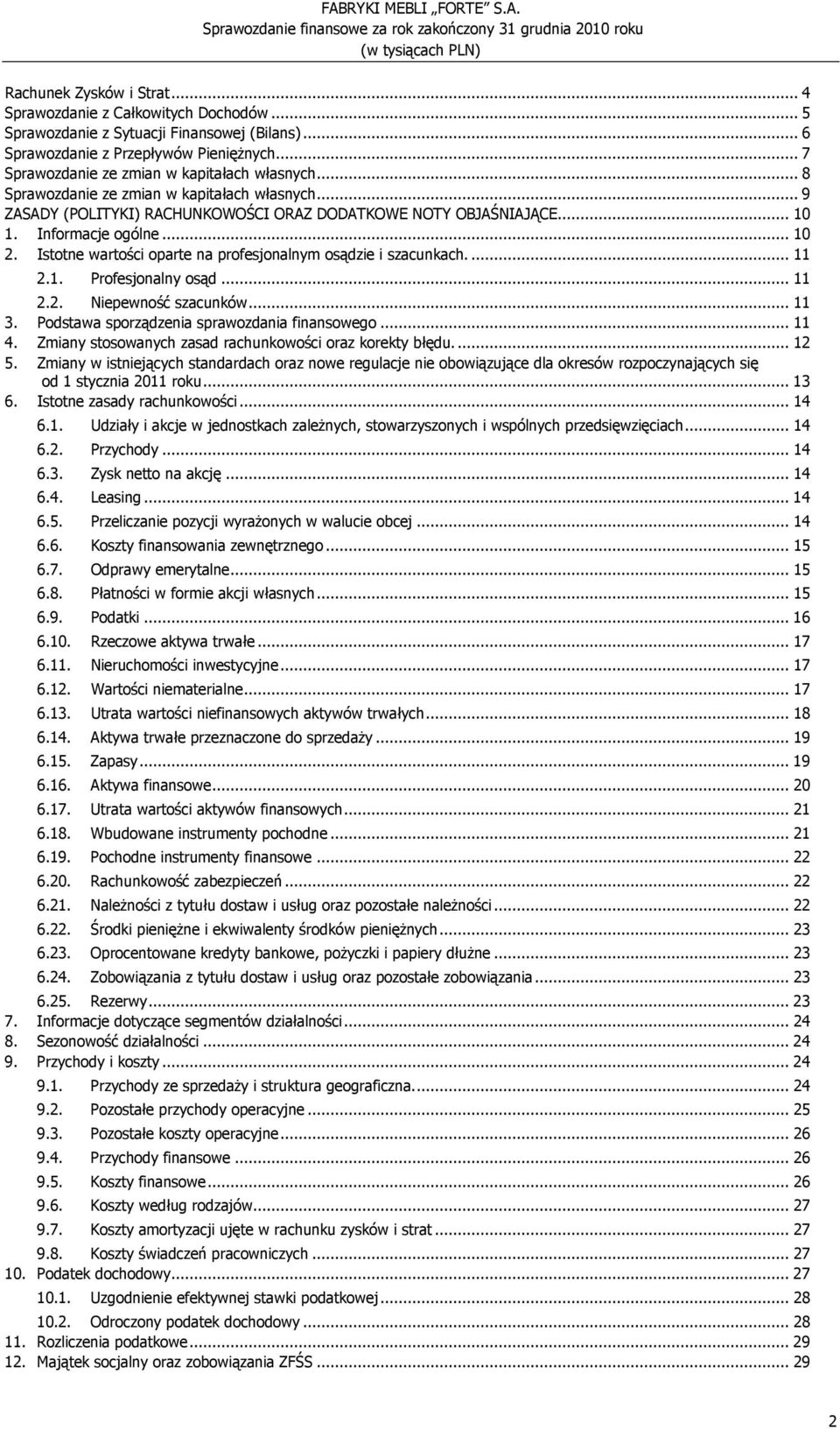 .. 10 2. Istotne wartości oparte na profesjonalnym osądzie i szacunkach.... 11 2.1. Profesjonalny osąd... 11 2.2. Niepewność szacunków... 11 3. Podstawa sporządzenia sprawozdania finansowego... 11 4.