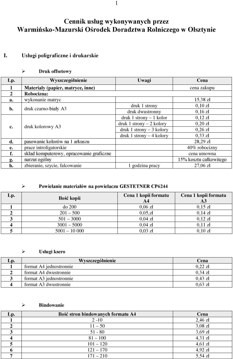 zł druk 1 strony 1 kolor 0,12 zł c. druk kolorowy A3 druk 1 strony 2 kolory 0,20 zł druk 1 strony 3 kolory 0,26 zł druk 1 strony 4 kolory 0,33 zł d. pasowanie kolorów na 1 arkuszu 28,29 zł e.