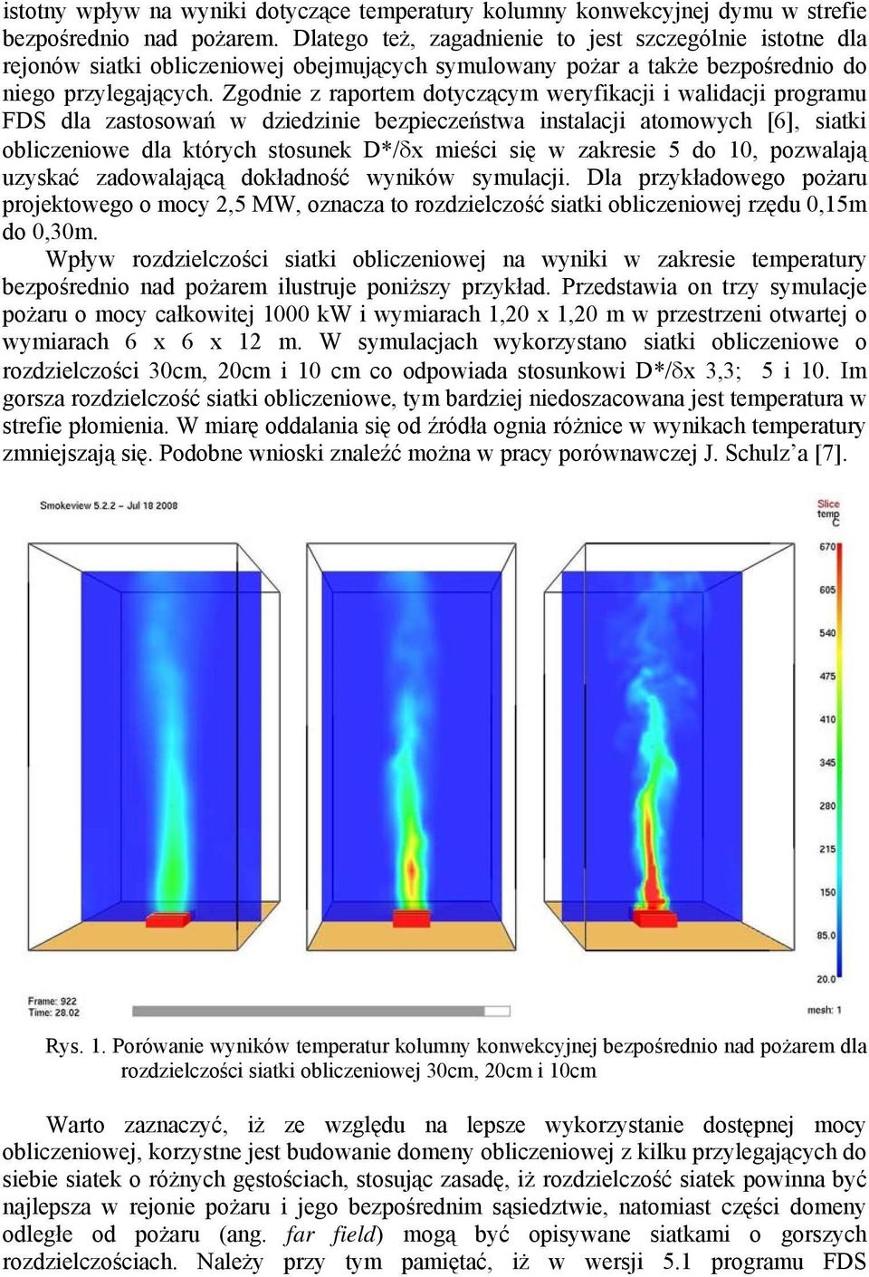 Zgodnie z raportem dotyczącym weryfikacji i walidacji programu FDS dla zastosowań w dziedzinie bezpieczeństwa instalacji atomowych [6], siatki obliczeniowe dla których stosunek D*/δx mieści się w