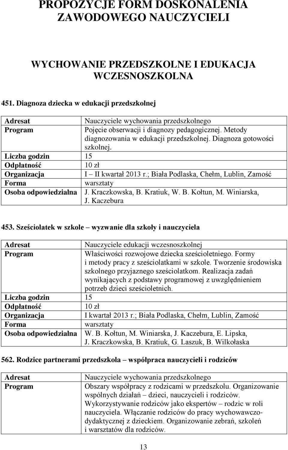 Liczba godzin 15 warsztaty Osoba odpowiedzialna J. Kraczkowska, B. Kratiuk, W. B. Kołtun, M. Winiarska, J. Kaczebura 453.