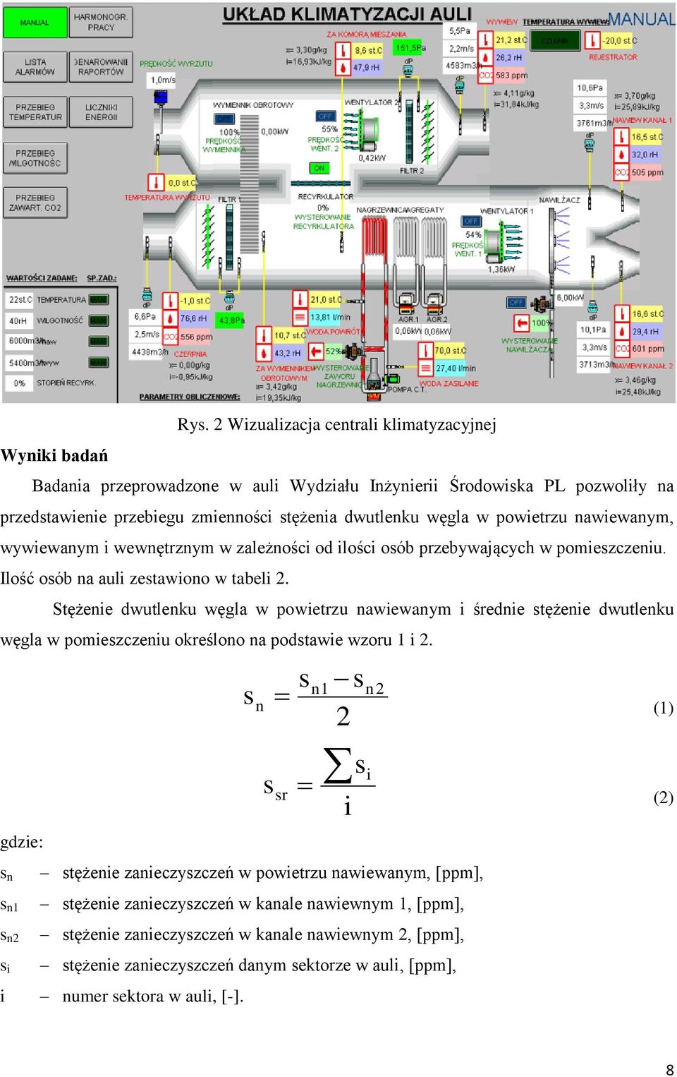 Stężenie dwutlenku węgla w powietrzu nawiewanym i średnie stężenie dwutlenku węgla w pomieszczeniu określono na podstawie wzoru 1 i 2.