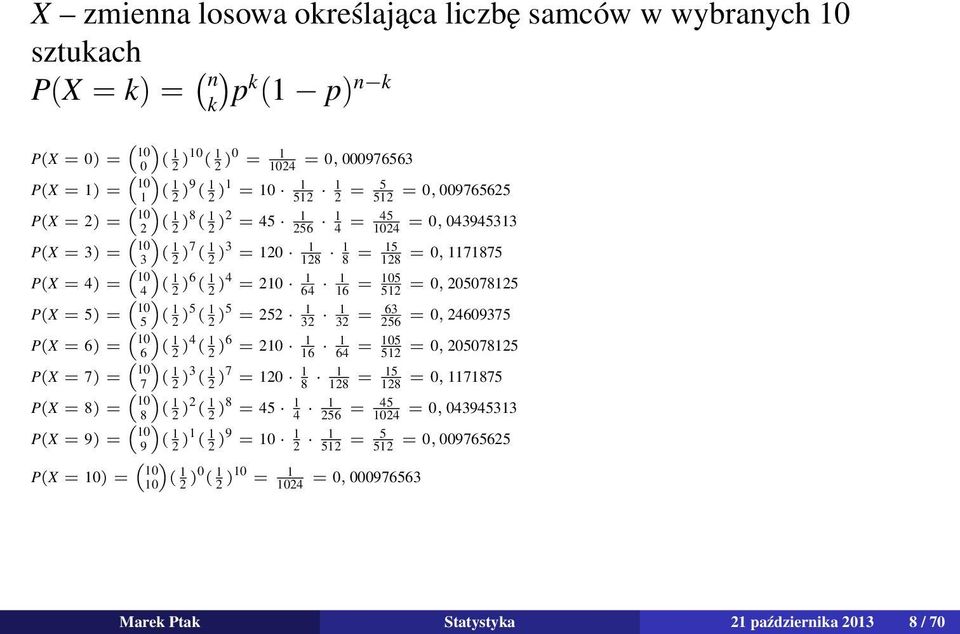 = 4) = 10 ( 4 1 2 )6 ( 1 2 )4 = 210 64 1 16 1 = 512 105 = 0, 205078125 ( ) P(X = 5) = 10 ( 5 1 2 )5 ( 1 2 )5 = 252 32 1 32 1 = 256 63 = 0, 24609375 ( ) P(X = 6) = 10 ( 6 1 2 )4 ( 1 2 )6 = 210 16 1 64