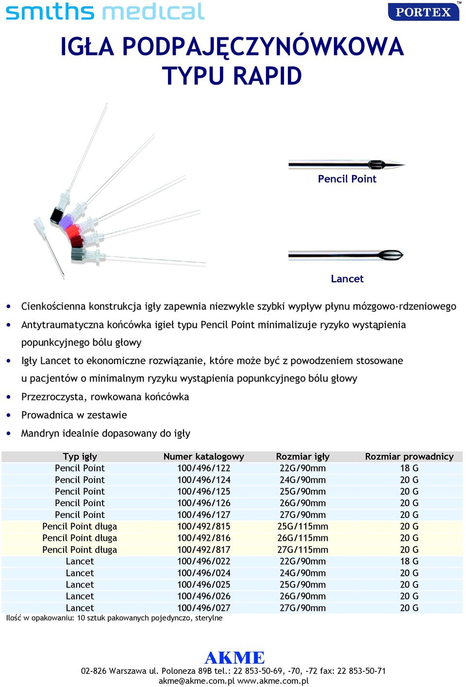 głowy Przezroczysta, rowkowana końcówka Prowadnica w zestawie Mandryn idealnie dopasowany do igły Typ igły Numer katalogowy Rozmiar igły Rozmiar prowadnicy Pencil Point 100/496/122 22G/90mm 18 G