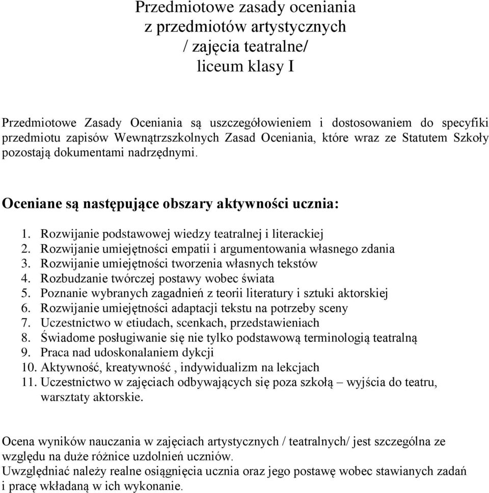 Rozwijanie podstawowej wiedzy teatralnej i literackiej 2. Rozwijanie umiejętności empatii i argumentowania własnego zdania 3. Rozwijanie umiejętności tworzenia własnych tekstów 4.