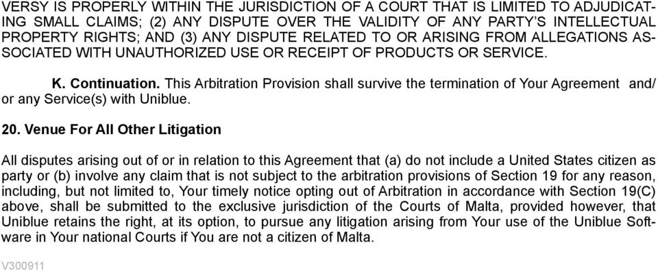 This Arbitration Provision shall survive the termination of Your Agreement and/ or any Service(s) with Uniblue. 20.