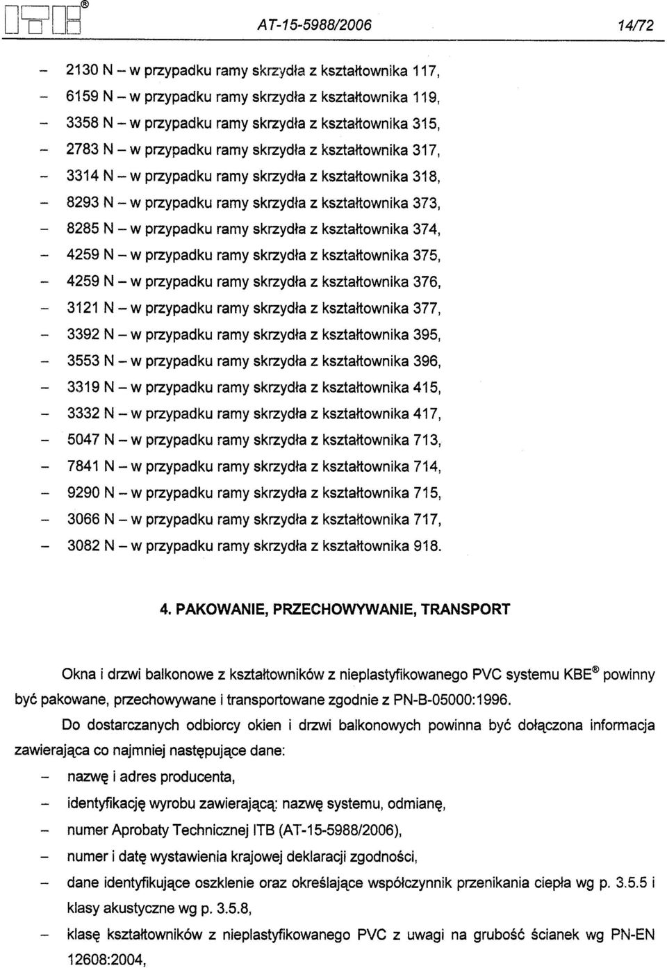 ramy skrzydla z ksztaltownika 374, - 4259 N - w przypadku ramy skrzydla z ksztaltownika 375, - 4259 N - w przypadku ramy skrzydla z ksztaltownika 376, 3121 N - w przypadku ramy skrzydla z