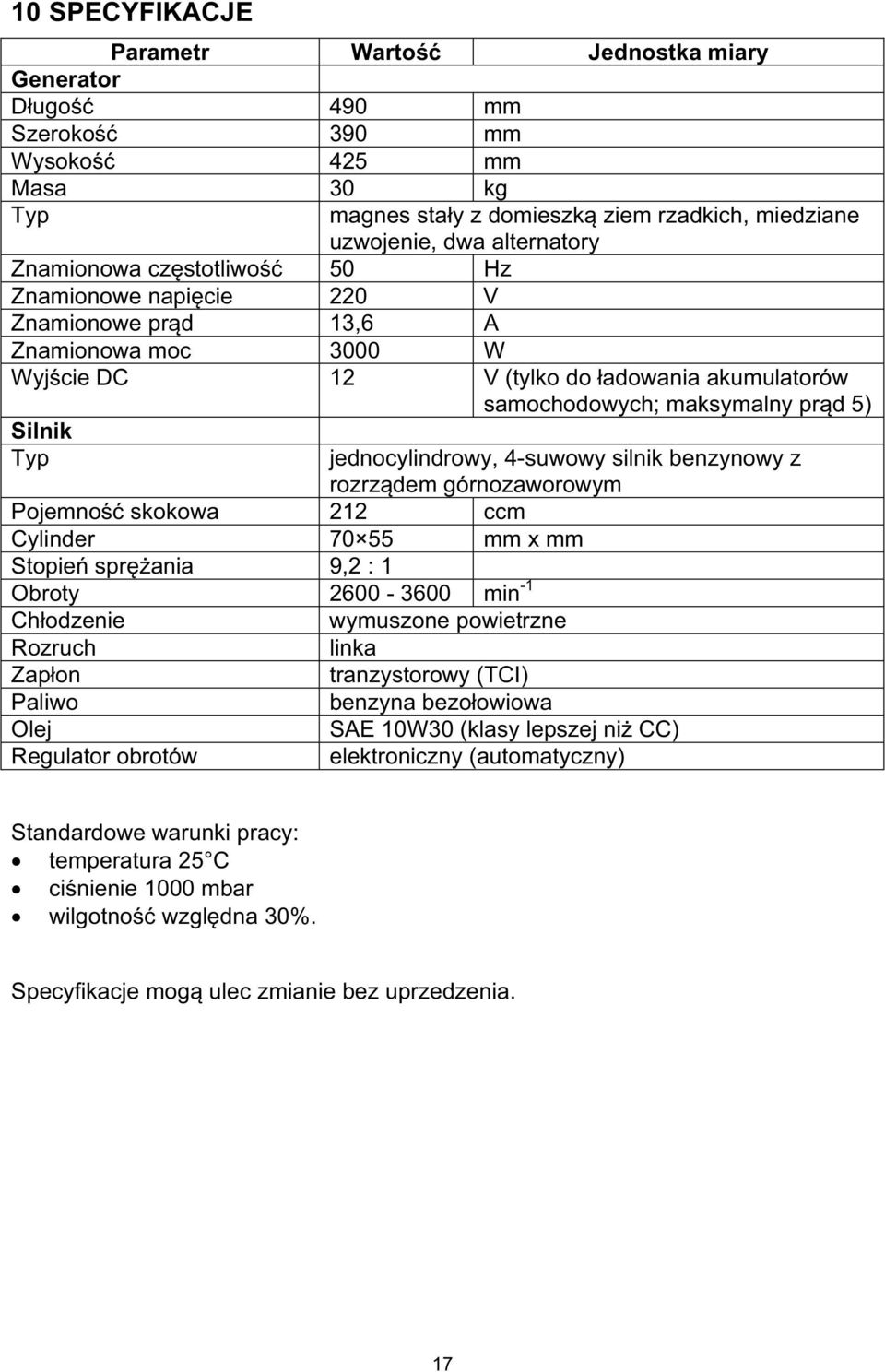 4-suwowy silnik benzynowy z rozrzdem górnozaworowym Pojemno skokowa 212 ccm Cylinder 70 55 mm x mm Stopie sprania 9,2 : 1 Obroty 2600-3600 min -1 Chodzenie wymuszone powietrzne Rozruch Zapon Paliwo