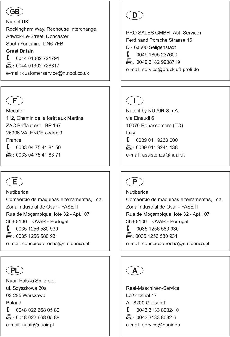 Service) Ferdinand Porsche Strasse 16 D - 63500 Seligenstadt : 0049 1805 237600 : 0049 6182 9938719 e-mail: F Mecafer 112, Chemin de la forêt aux Martins ZAC Briffaut est - BP 167 26906 VALENCE cedex