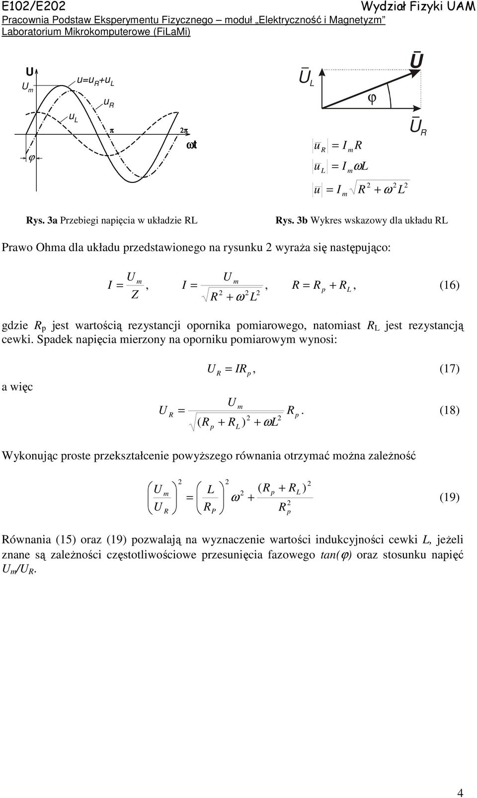 3b Wykres wskazowy dla kład Prawo Oha dla kład rzedstawionego na rysnk wyraża się nastęjąco: I =, I =, = + Z + ω, (6) gdzie jest wartością rezystancji oornika oiarowego, natoiast