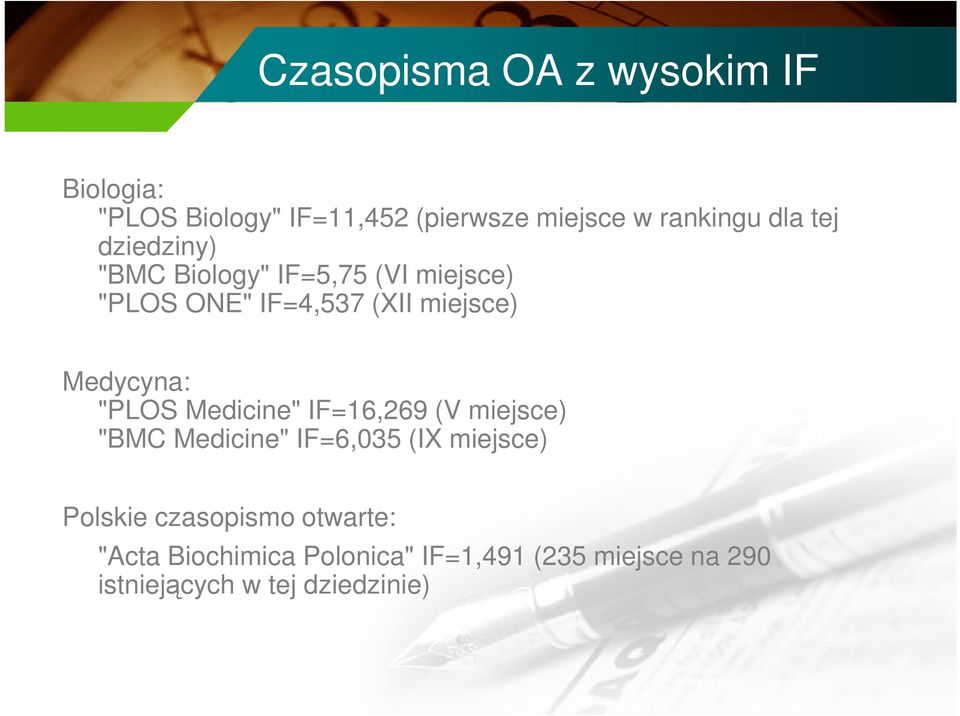 "PLOS Medicine" IF=16,269 (V miejsce) "BMC Medicine" IF=6,035 (IX miejsce) Polskie czasopismo