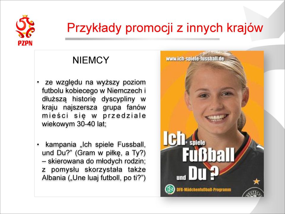 przedziale wiekowym 30-40 lat; kampania Ich spiele Fussball, und Du? (Gram w piłkę, a Ty?