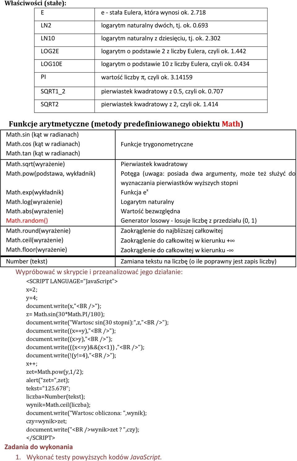 1.414 Funkcje arytmetyczne (metody predefiniowanego obiektu Math) Math.sin (kąt w radianach) Math.cos (kąt w radianach) Math.tan (kąt w radianach) Math.sqrt(wyrażenie) Math.