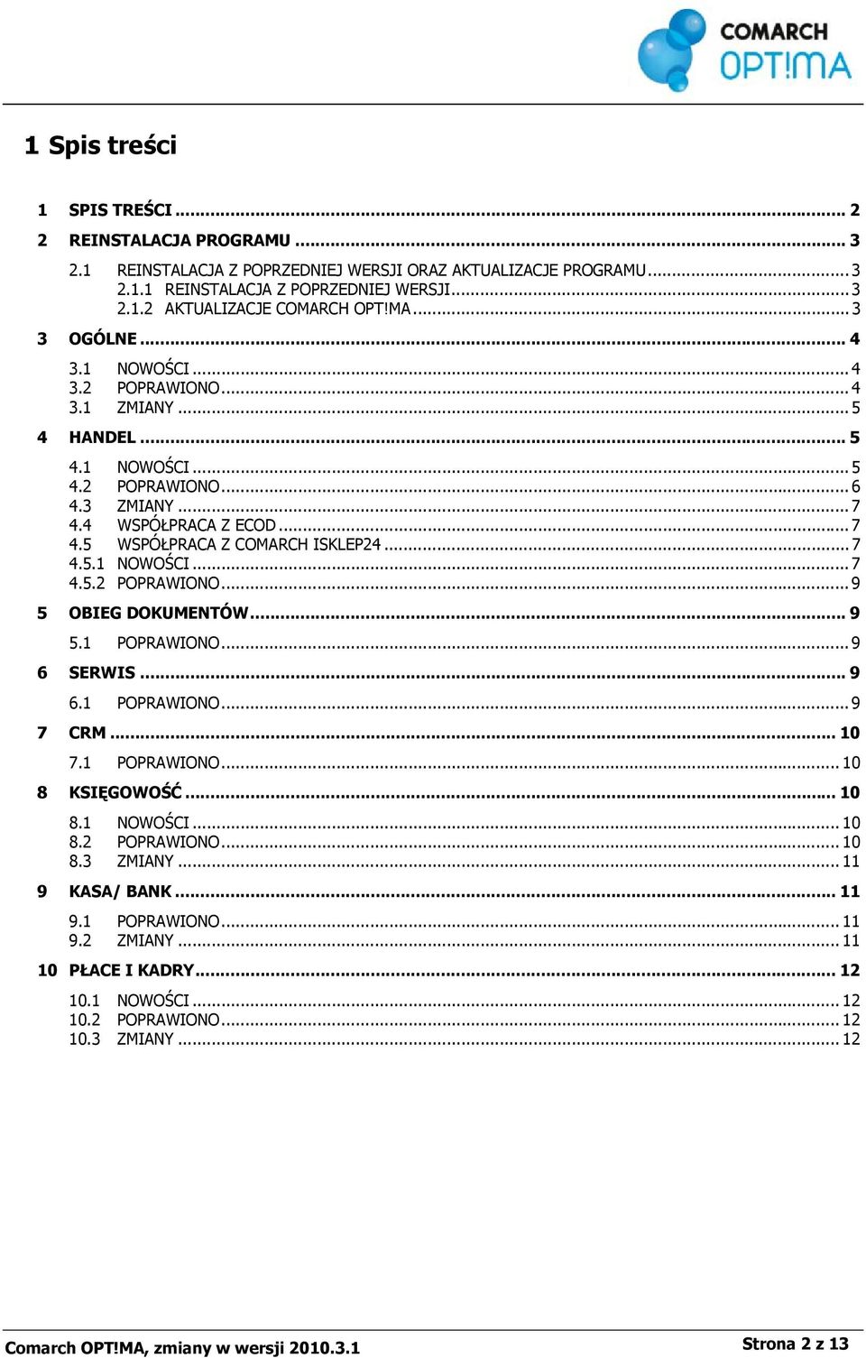 .. 7 4.5.1 NOWOŚCI... 7 4.5.2 POPRAWIONO... 9 5 OBIEG DOKUMENTÓW... 9 5.1 POPRAWIONO... 9 6 SERWIS... 9 6.1 POPRAWIONO... 9 7 CRM... 10 7.1 POPRAWIONO... 10 8 KSIĘGOWOŚĆ... 10 8.1 NOWOŚCI... 10 8.2 POPRAWIONO... 10 8.3 ZMIANY.