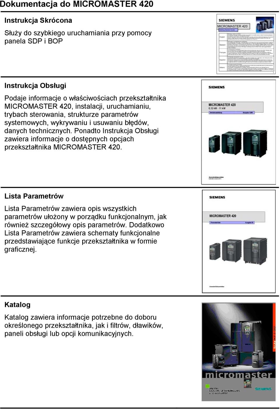 Ponadto Instrukcja Obsługi zawiera informacje o dostępnych opcjach przekształtnika MICROMASTER 40.