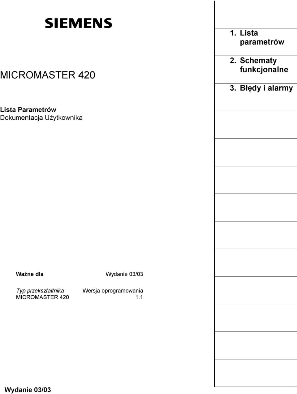 Błędy i alarmy Lista Parametrów Dokumentacja