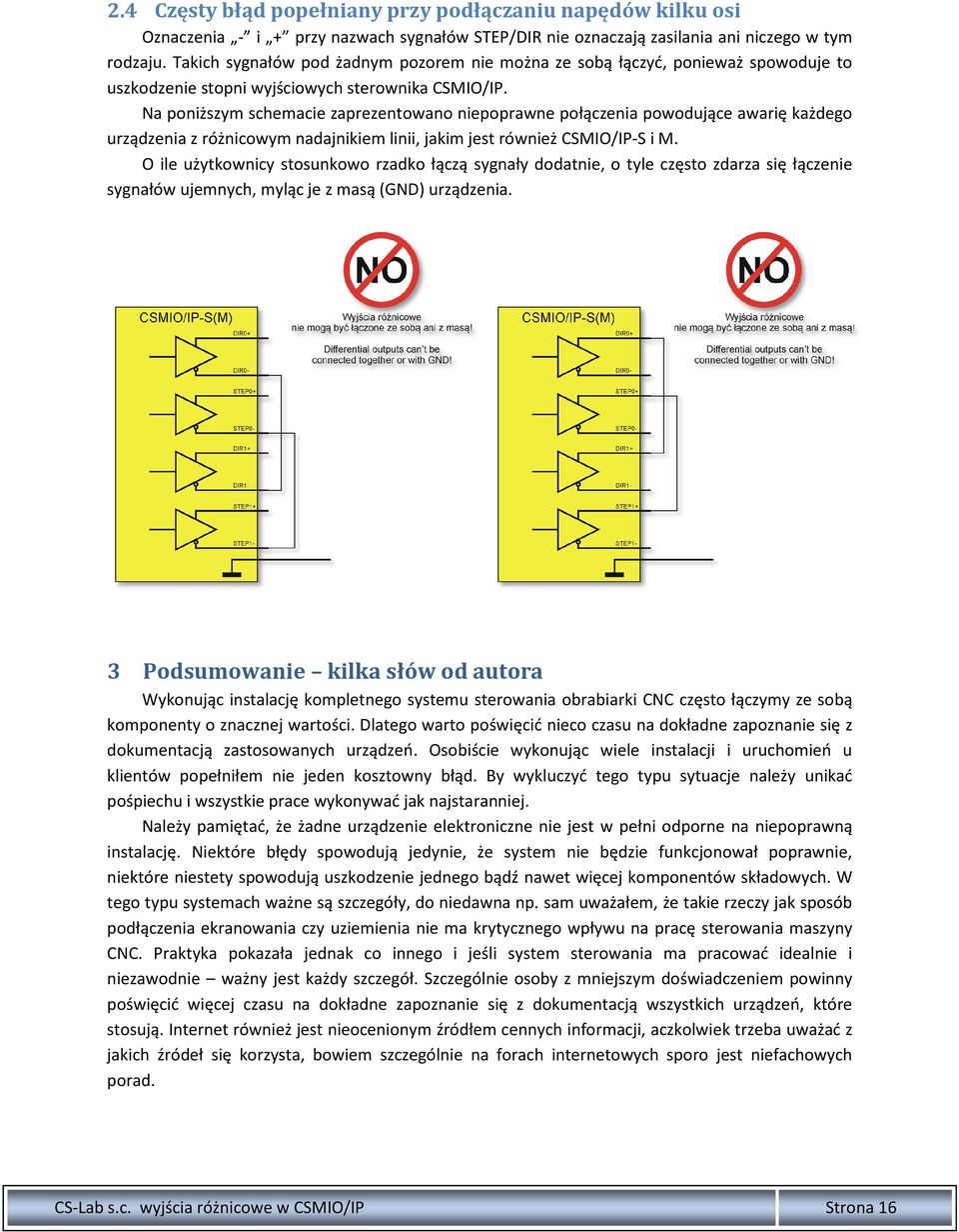 Na poniższym schemacie zaprezentowano niepoprawne połączenia powodujące awarię każdego urządzenia z różnicowym nadajnikiem linii, jakim jest również CSMIO/IP-S i M.