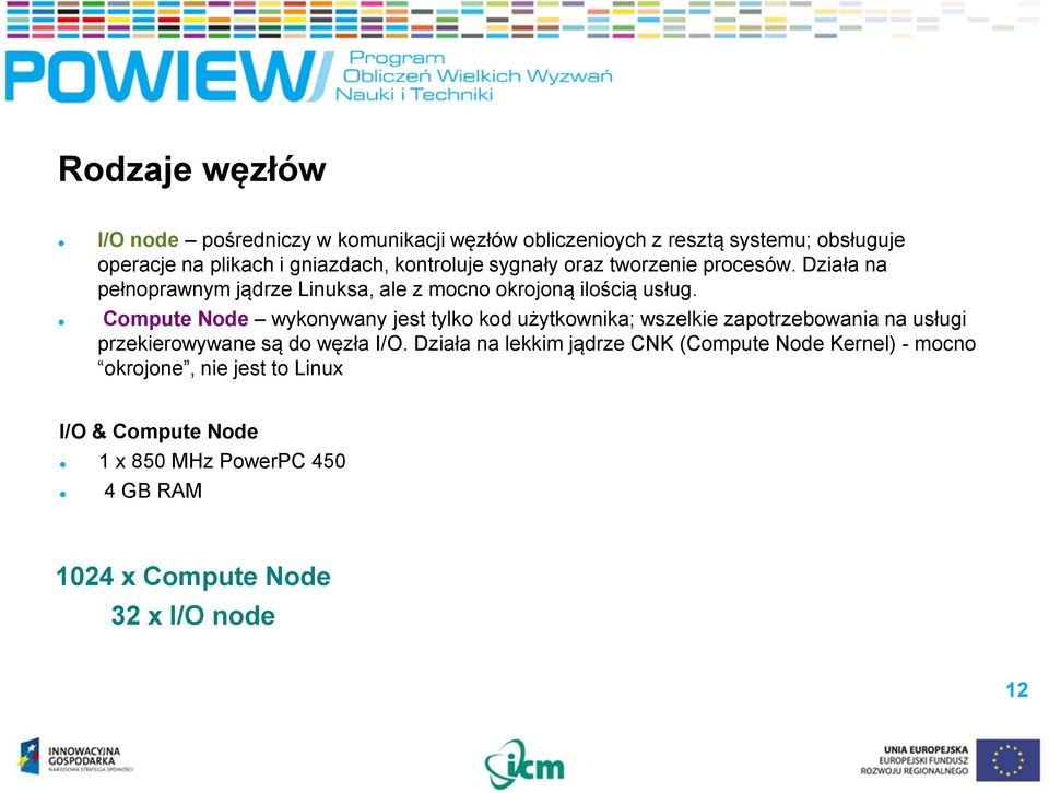 Compute Node wykonywany jest tylko kod użytkownika; wszelkie zapotrzebowania na usługi przekierowywane są do węzła I/O.