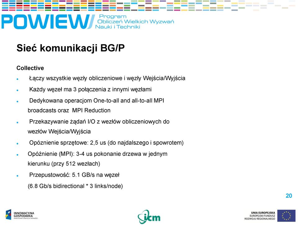 wezłów obliczeniowych do wezłów Wejścia/Wyjścia Opóznienie sprzętowe: 2,5 us (do najdalszego i spowrotem) Opóźnienie (MPI):
