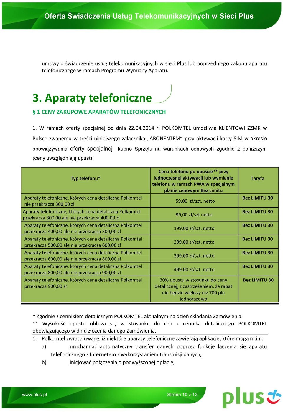 POLKOMTEL umożliwia KLIENTOWI ZZMK w Polsce zwanemu w treści niniejszego załącznika ABONENTEM przy aktywacji karty SIM w okresie obowiązywania oferty specjalnej kupno Sprzętu na warunkach cenowych
