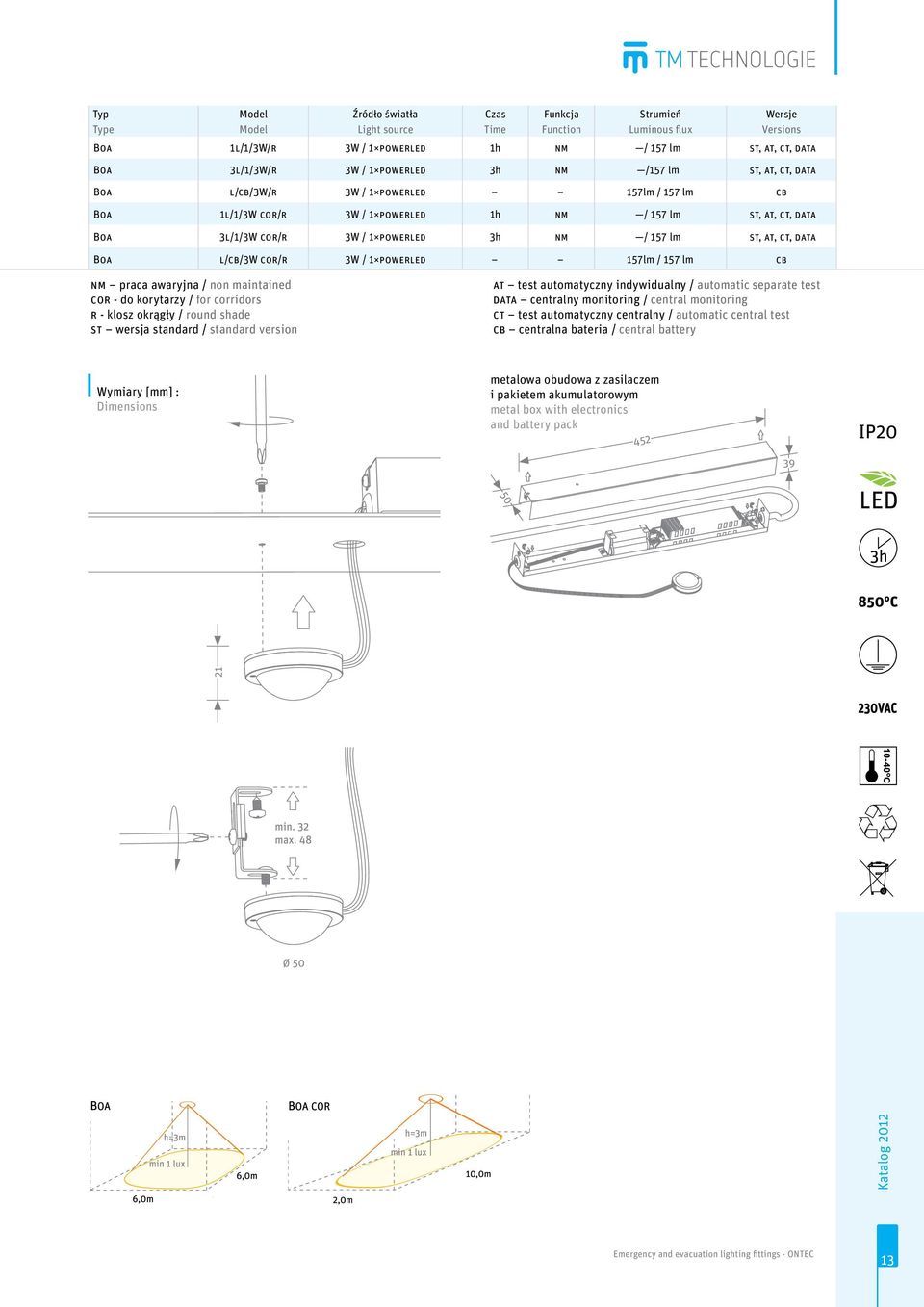 at, ct, data Boa l/cb/3w cor/r 3W / 1 powerled 157lm / 157 lm cb nm praca awaryjna / non maintained cor - do korytarzy / for corridors r - klosz okrągły / round shade st wersja standard / standard