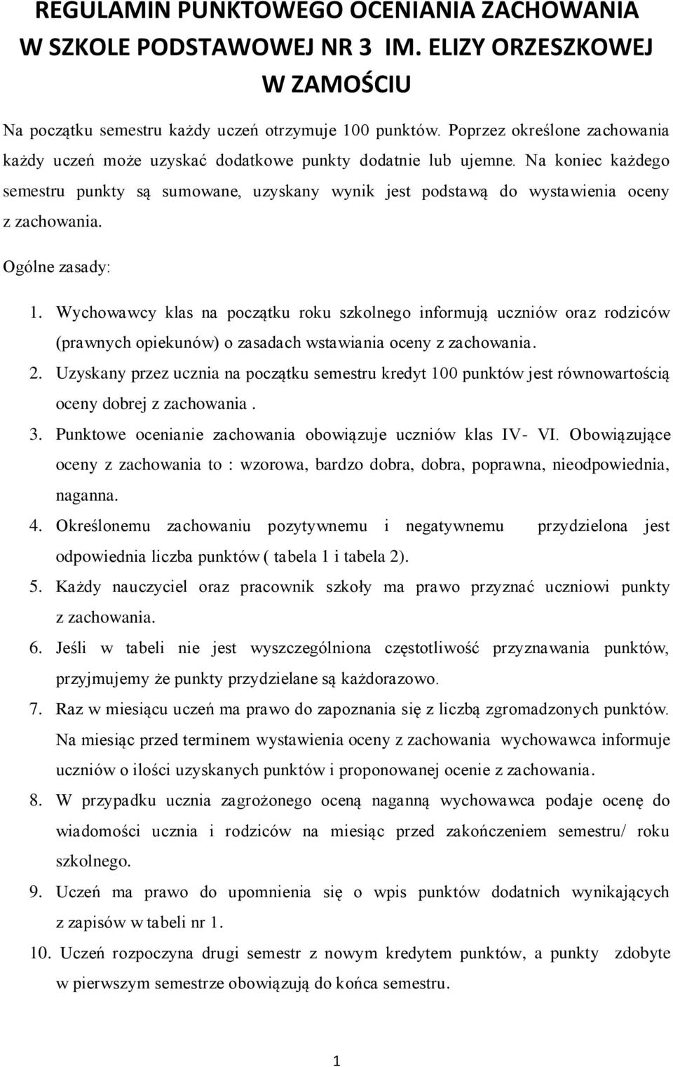 Na koniec każdego semestru punkty są sumowane, uzyskany wynik jest podstawą do wystawienia oceny z zachowania. Ogólne zasady: 1.