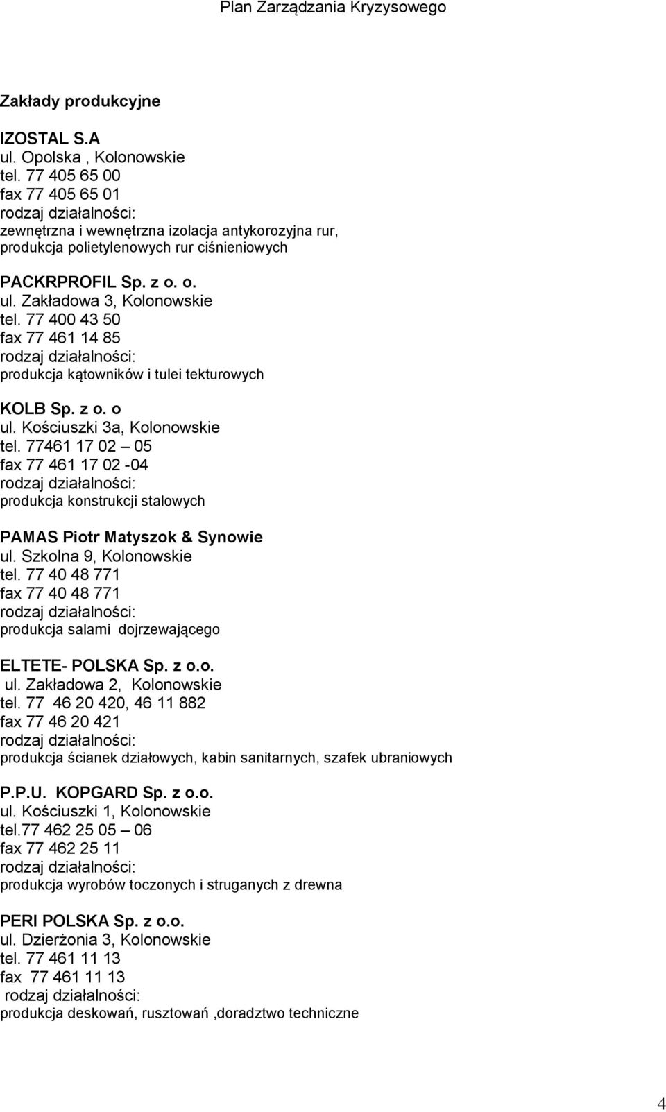 Zakładowa 3, Kolonowskie tel. 77 400 43 50 fax 77 461 14 85 rodzaj działalności: produkcja kątowników i tulei tekturowych KOLB Sp. z o. o ul. Kościuszki 3a, Kolonowskie tel.