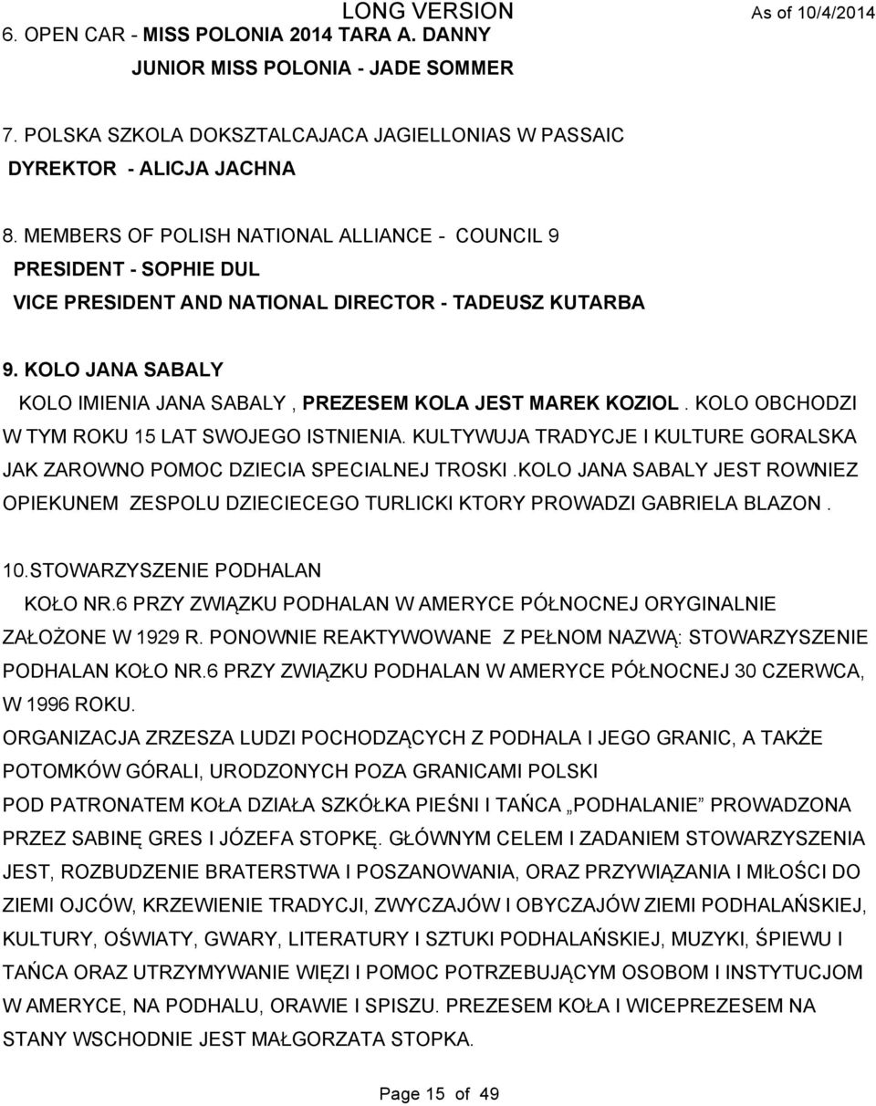 KOLO JANA SABALY KOLO IMIENIA JANA SABALY, PREZESEM KOLA JEST MAREK KOZIOL. KOLO OBCHODZI W TYM ROKU 15 LAT SWOJEGO ISTNIENIA.
