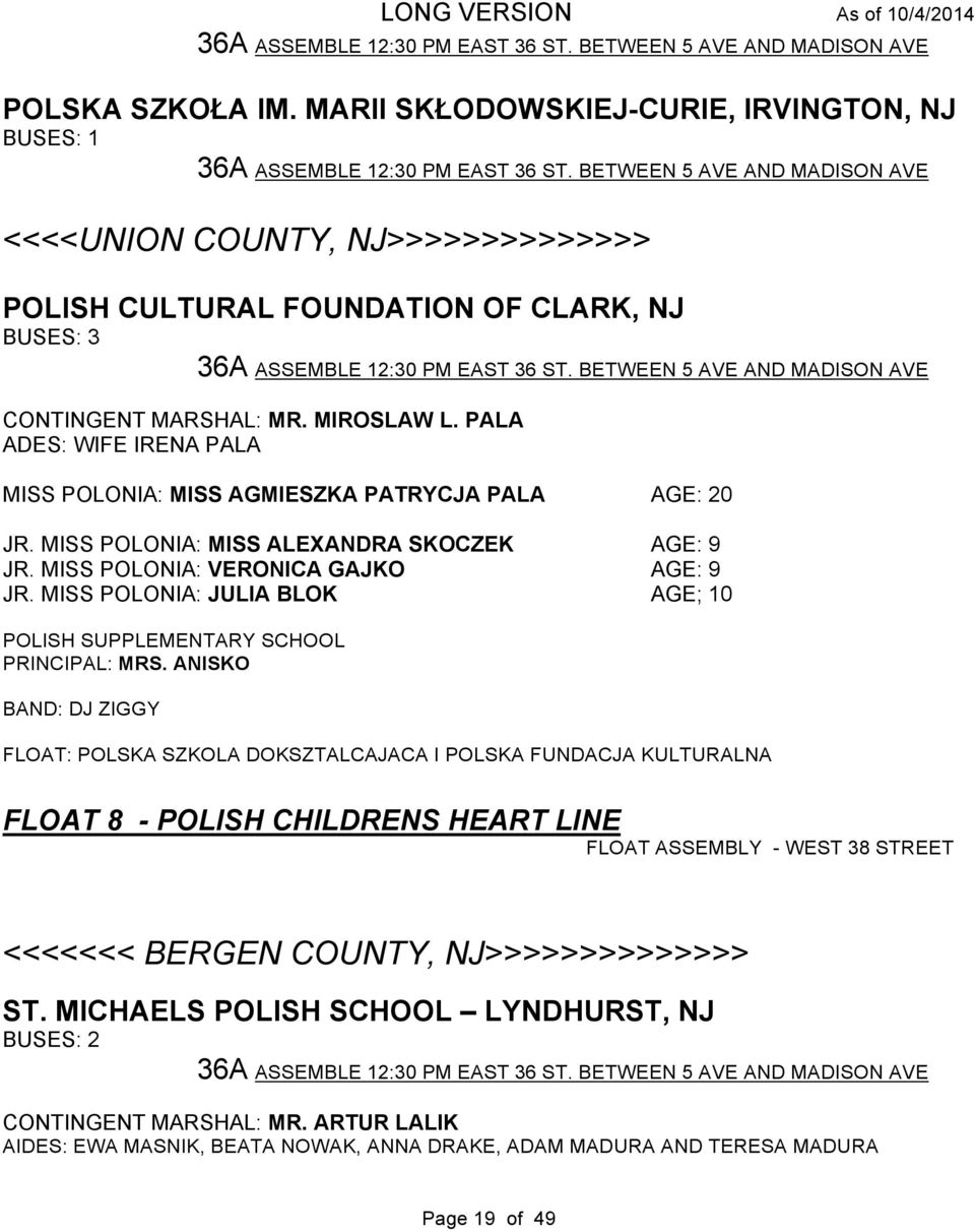 BETWEEN 5 AVE AND MADISON AVE CONTINGENT MARSHAL: MR. MIROSLAW L. PALA ADES: WIFE IRENA PALA MISS POLONIA: MISS AGMIESZKA PATRYCJA PALA AGE: 20 JR. MISS POLONIA: MISS ALEXANDRA SKOCZEK AGE: 9 JR.