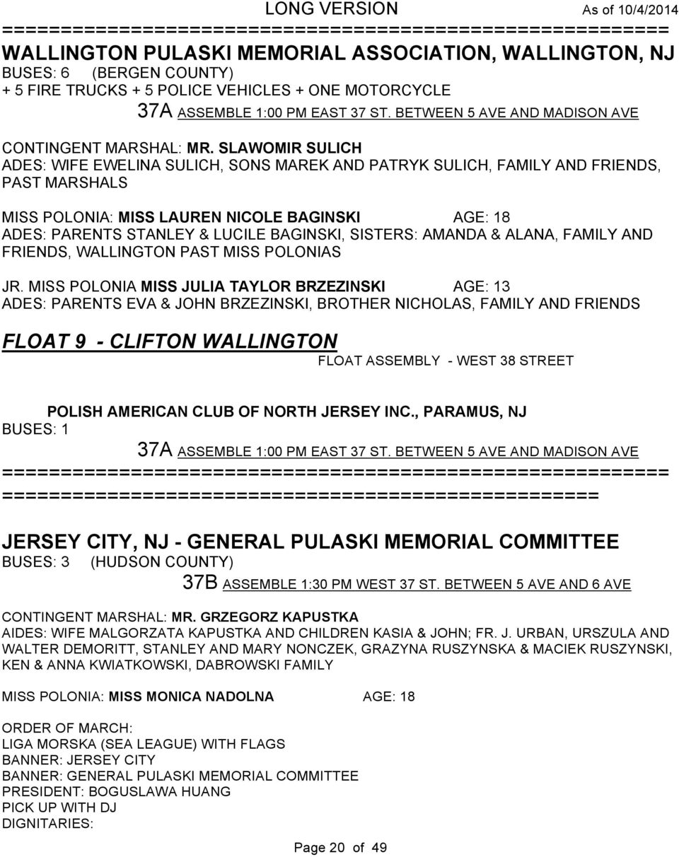 SLAWOMIR SULICH ADES: WIFE EWELINA SULICH, SONS MAREK AND PATRYK SULICH, FAMILY AND FRIENDS, PAST MARSHALS MISS POLONIA: MISS LAUREN NICOLE BAGINSKI AGE: 18 ADES: PARENTS STANLEY & LUCILE BAGINSKI,