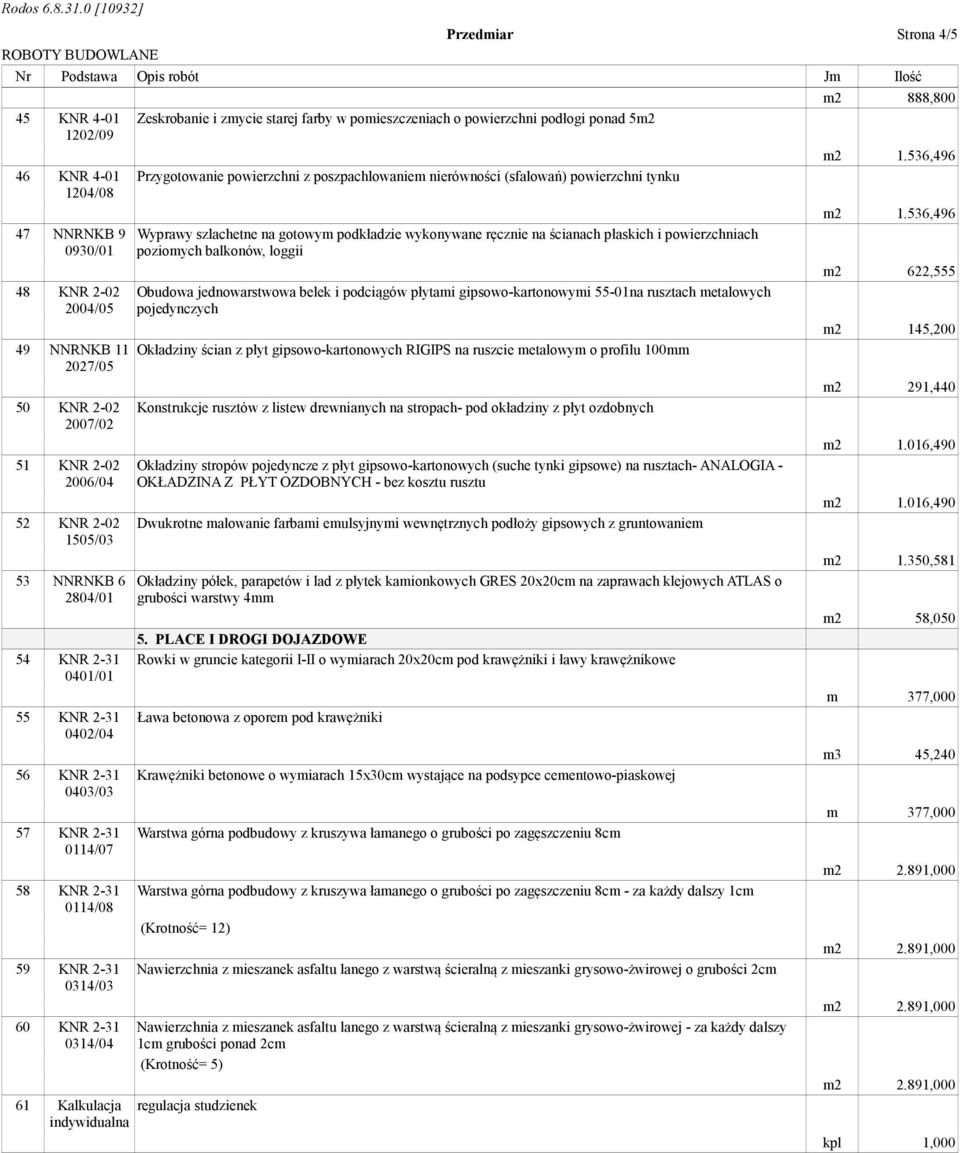 o powierzchni podłogi ponad 5m2 Przygotowanie powierzchni z poszpachlowaniem nierówności (sfalowań) powierzchni tynku Wyprawy szlachetne na gotowym podkładzie wykonywane ręcznie na ścianach płaskich