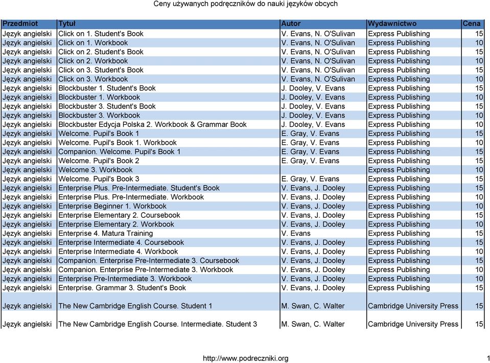 Workbook V. Evans, N. O'Sulivan Express Publishing 10 Blockbuster 1. Student's Book J. Dooley, V. Evans Express Publishing 15 Blockbuster 1. Workbook J. Dooley, V. Evans Express Publishing 10 Blockbuster 3.