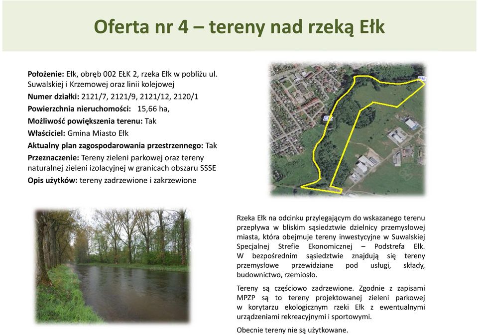 przestrzennego: Tak Przeznaczenie: Tereny zieleni parkowej oraz tereny naturalnej zieleni izolacyjnej w granicach obszaru SSSE Opis użytków: tereny zadrzewione i zakrzewione Rzeka Ełk na odcinku