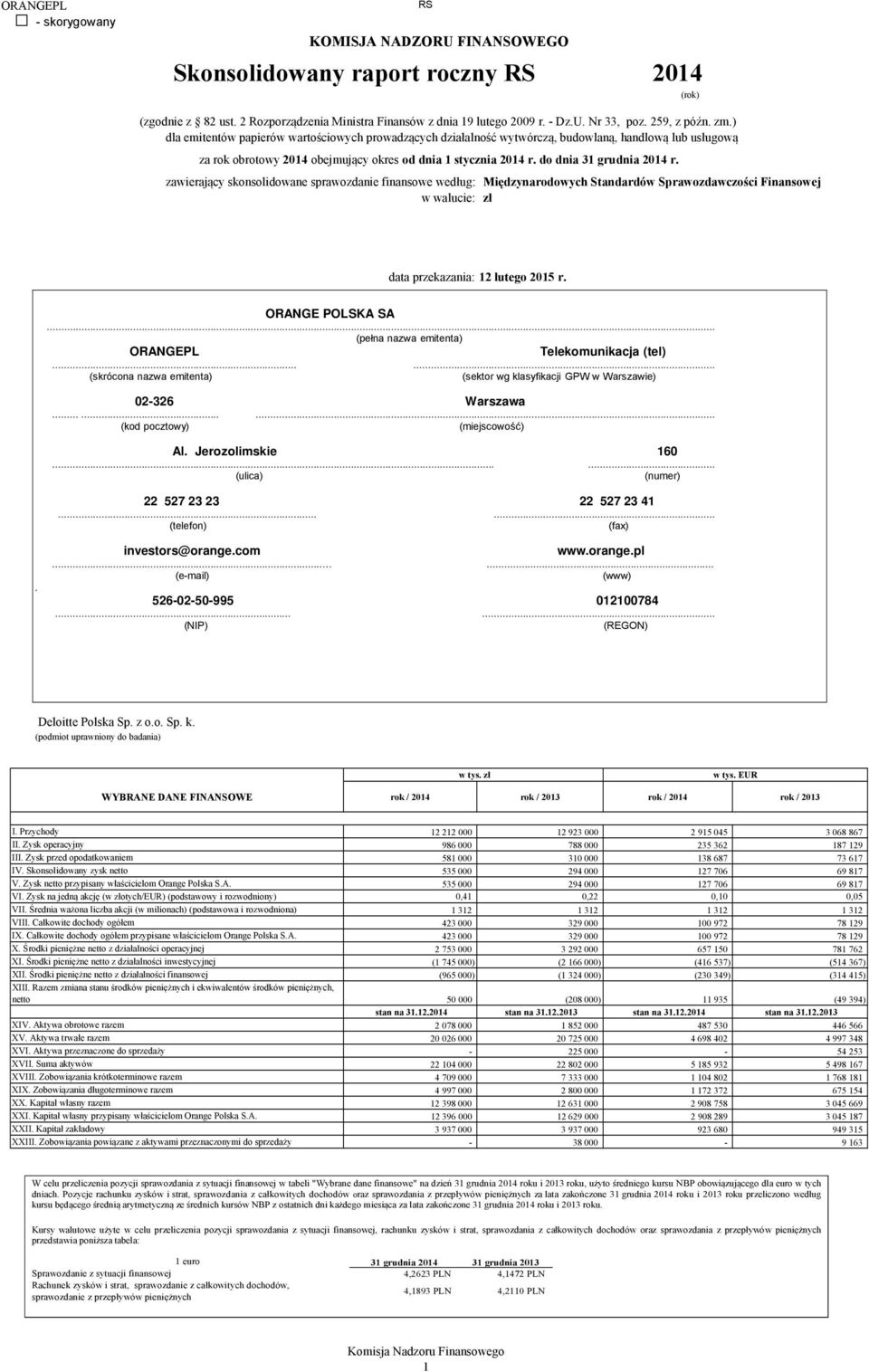 do dnia 31 grudnia 2014 r. zawierający skonsolidowane sprawozdanie finansowe według: Międzynarodowych Standardów Sprawozdawczości Finansowej w walucie: zł data przekazania: 12 lutego 2015 r.