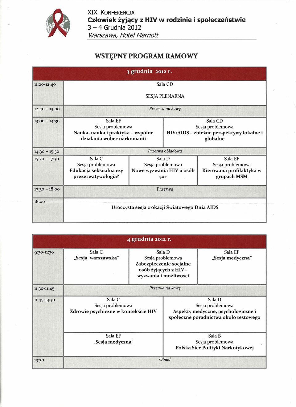 Sala D Nowe wyzwania HIV u osób 50+ Kierowana profilaktyka w grupachmsm Przerwa 1T30-18:00 "i8:00---~ Uroczysta sesja z okazji Światowego Dnia AIDS Sala C "Sesja warszawska" Sala D Zabezpieczenie