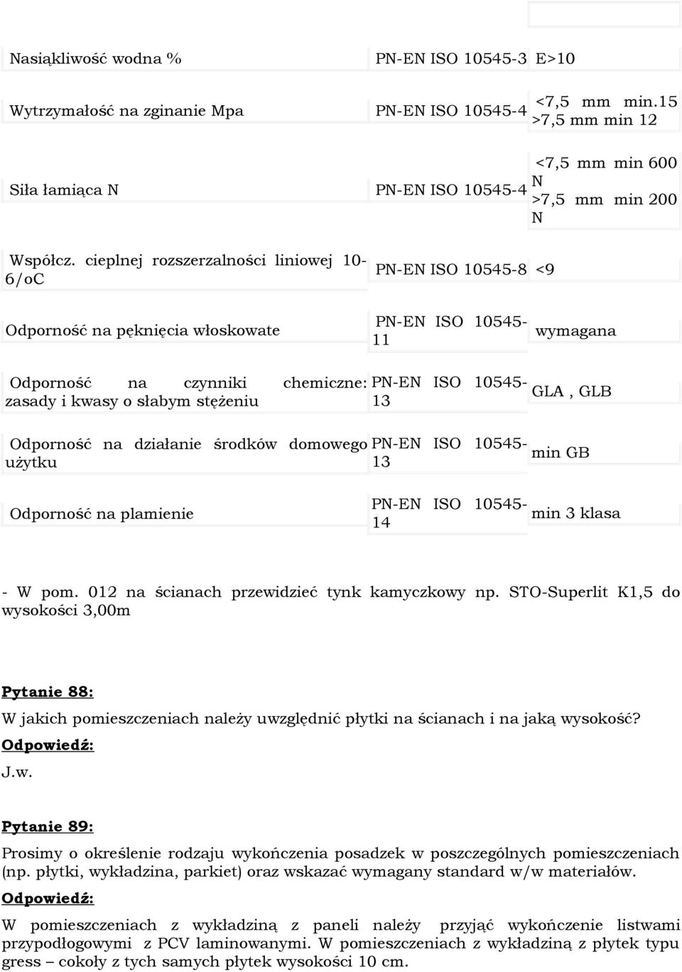 Odporność na działanie środków domowego użytku PN-EN ISO 10545-13 PN-EN ISO 10545-13 GLA, GLB min GB Odporność na plamienie PN-EN ISO 10545-14 min 3 klasa - W pom.