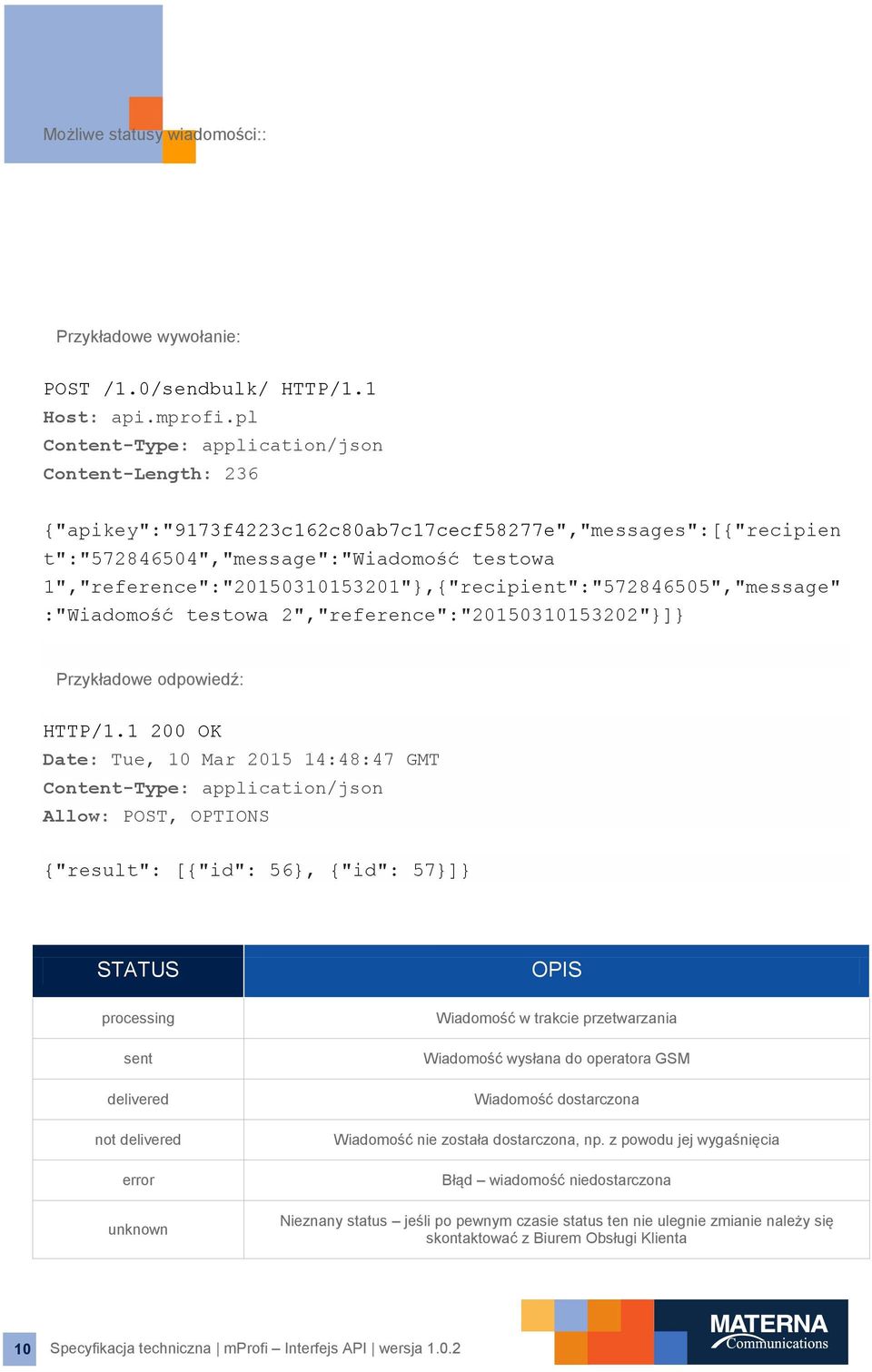 1","reference":"20150310153201"},{"recipient":"572846505","message" :"Wiadomość testowa 2","reference":"20150310153202"}]} Przykładowe odpowiedź: HTTP/1.