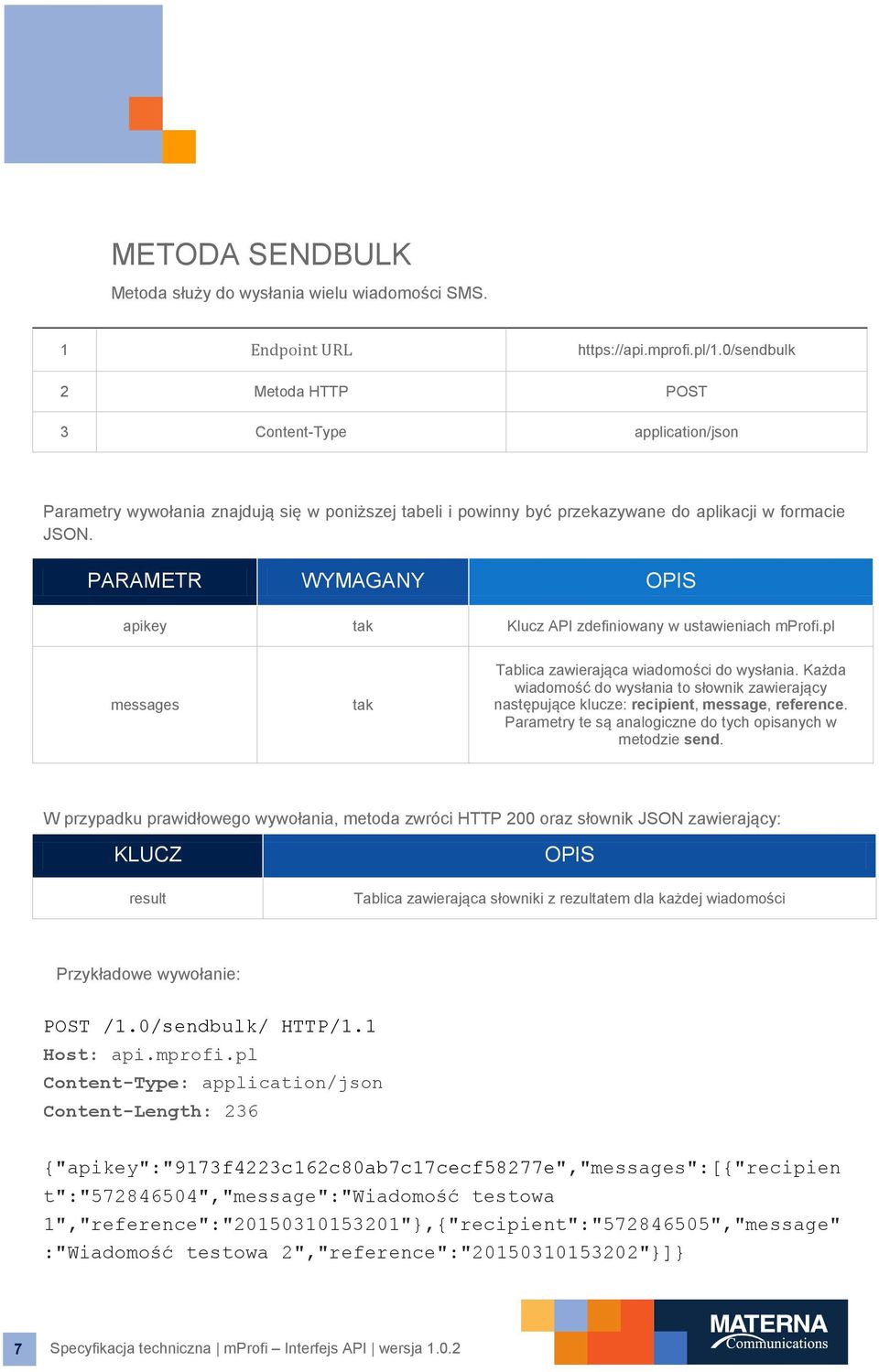 PARAMETR WYMAGANY OPIS apikey tak Klucz API zdefiniowany w ustawieniach mprofi.pl messages tak Tablica zawierająca wiadomości do wysłania.