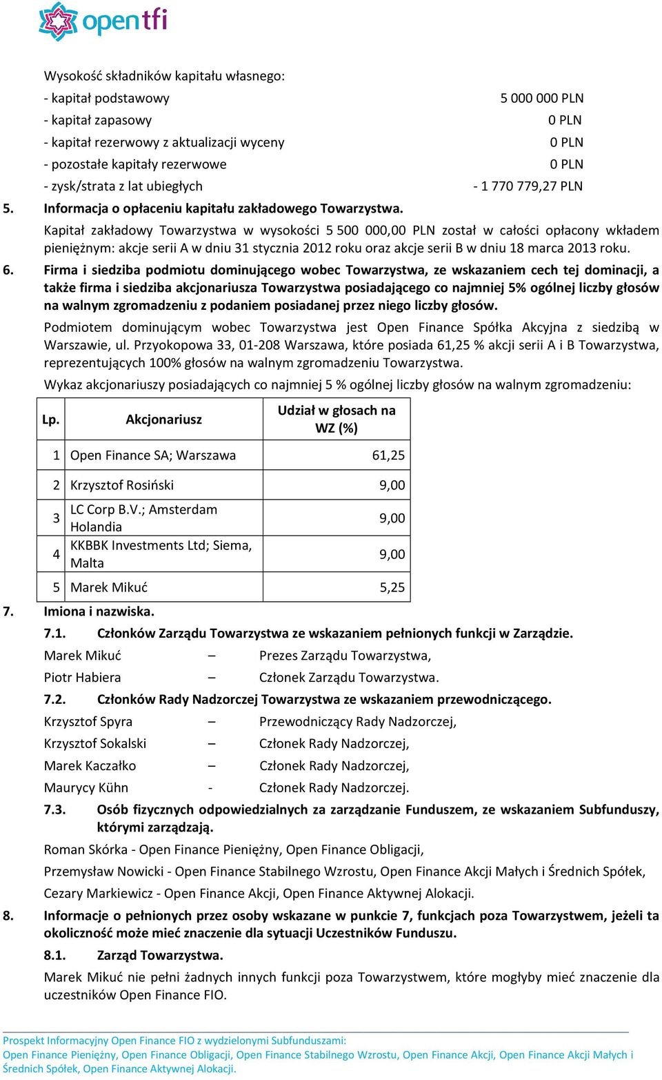 Kapitał zakładowy Towarzystwa w wysokości 5 500 000,00 PLN został w całości opłacony wkładem pieniężnym: akcje serii A w dniu 31 stycznia 2012 roku oraz akcje serii B w dniu 18 marca 2013 roku. 6.